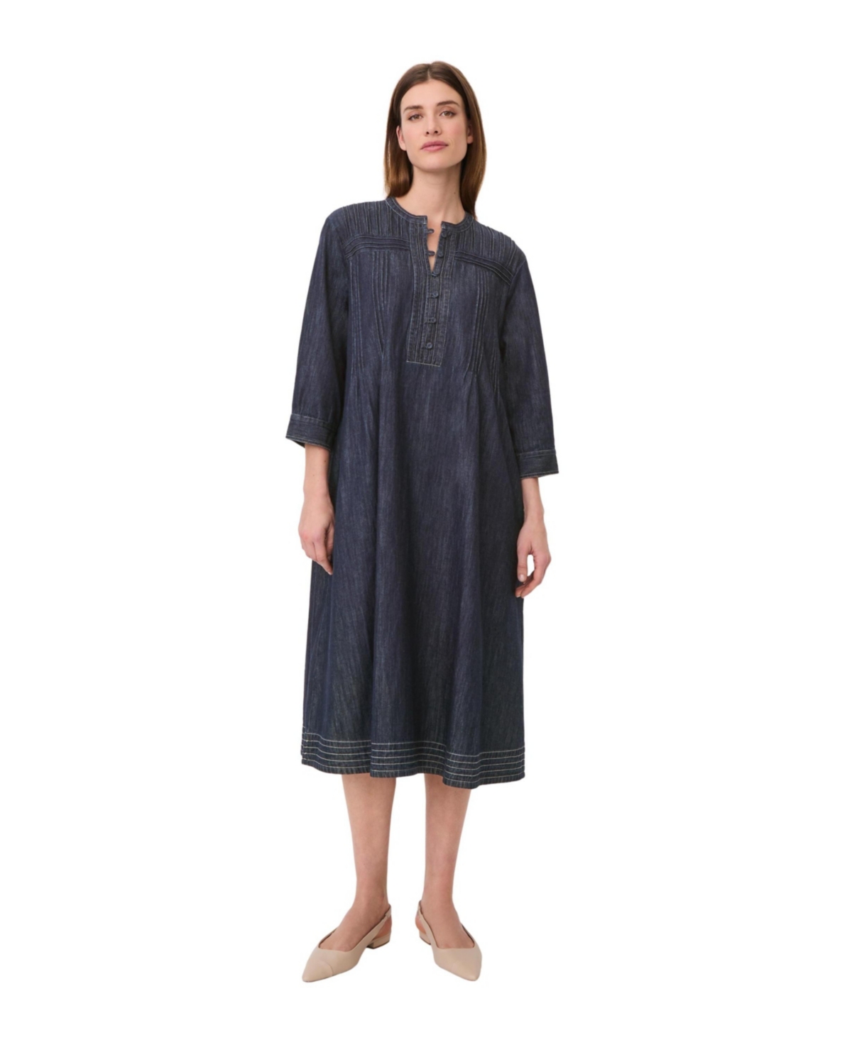 Masai Copenhagen Women’s MaNakillaia Mandarin Collar 3/4-Sleeve A-Line Midi Dress – Dark denim Masai Copenhagen Women’s MaNakillaia Mandarin Collar 3/4-Sleeve A-Line Midi Dress – Dark denim