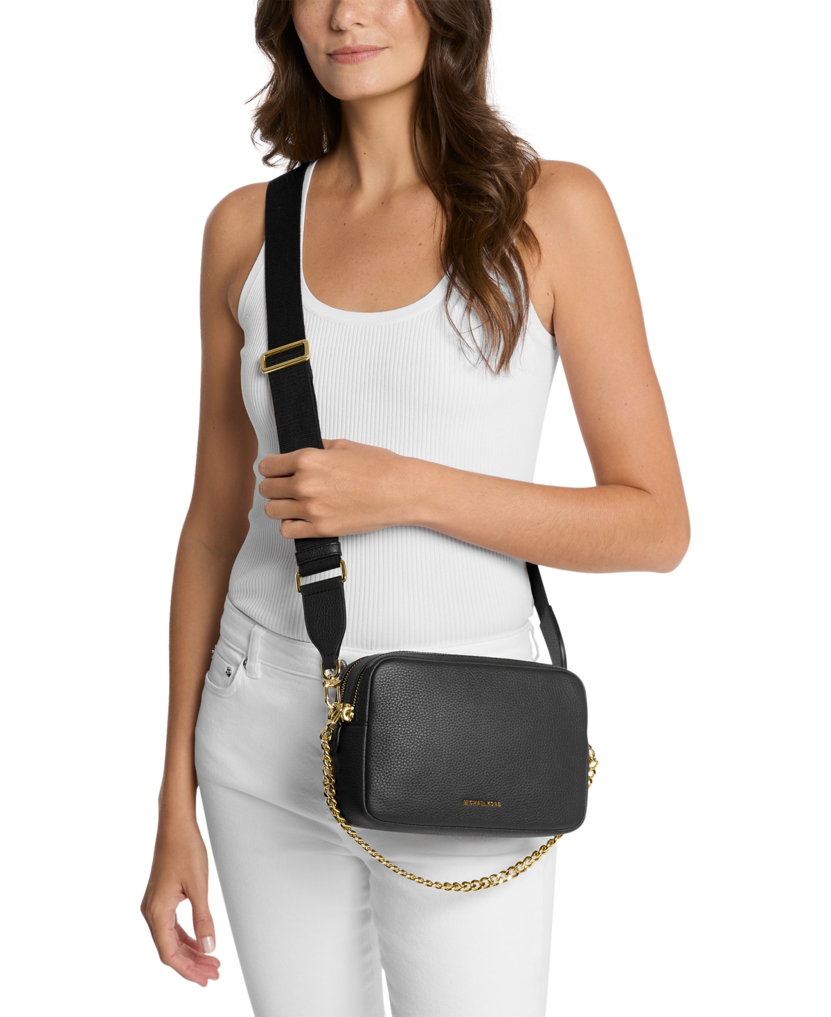 Michael Kors Bryant Medium Leather Double Zip Chain Camera Crossbody – Black/Gold Michael Kors Bryant Medium Leather Double Zip Chain Camera Crossbody – Black/Gold