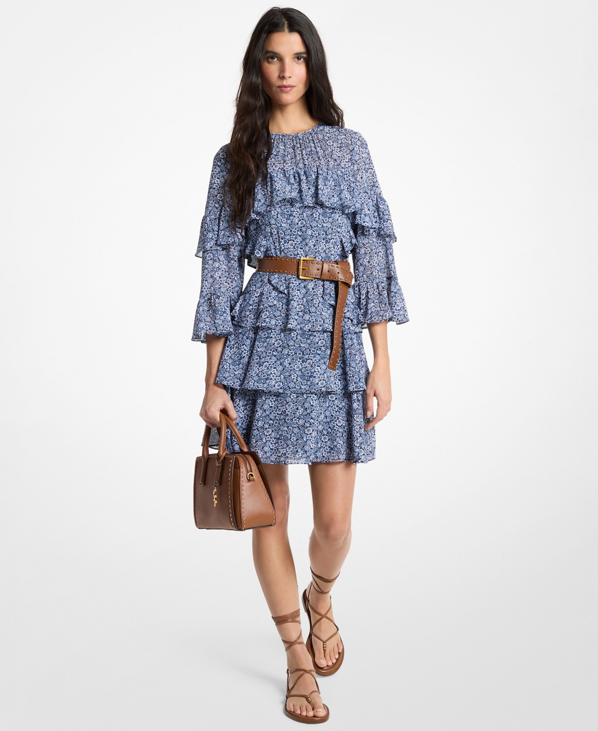 Michael Kors Women’s Floral Ruffle Crew Neck Mini Dress – Dark Blue