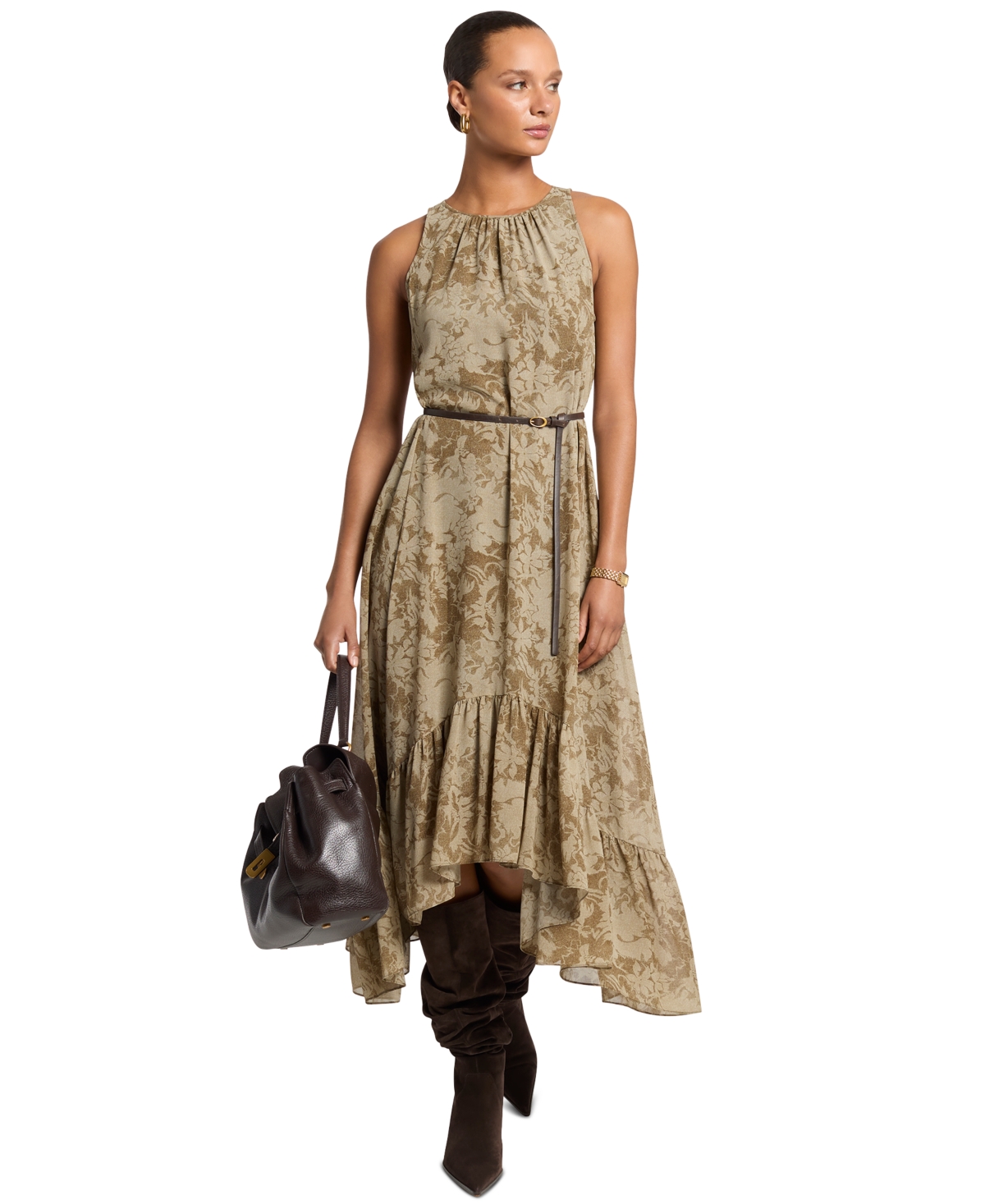 Michael Kors Women’s High-Low Floral-Print Ruffled Hem Midi Dress – Duffle Michael Kors Women’s High-Low Floral-Print Ruffled Hem Midi Dress – Duffle