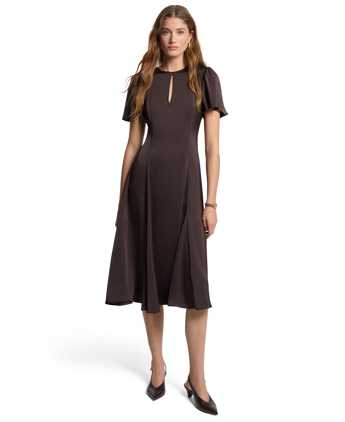 Michael Kors Women’s Satin A-Line Keyhole Midi Dress – Chocolate Michael Kors Women’s Satin A-Line Keyhole Midi Dress – Chocolate