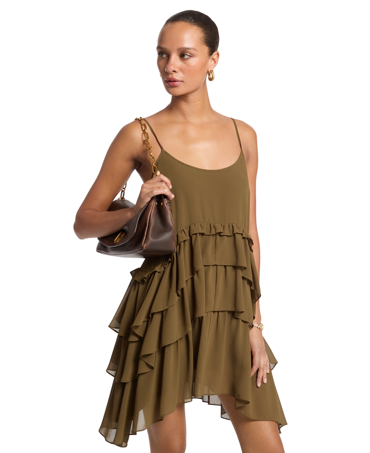 Michael Kors Women’s Tiered Ruffle High-Low Tank Mini Dress – Duffle
