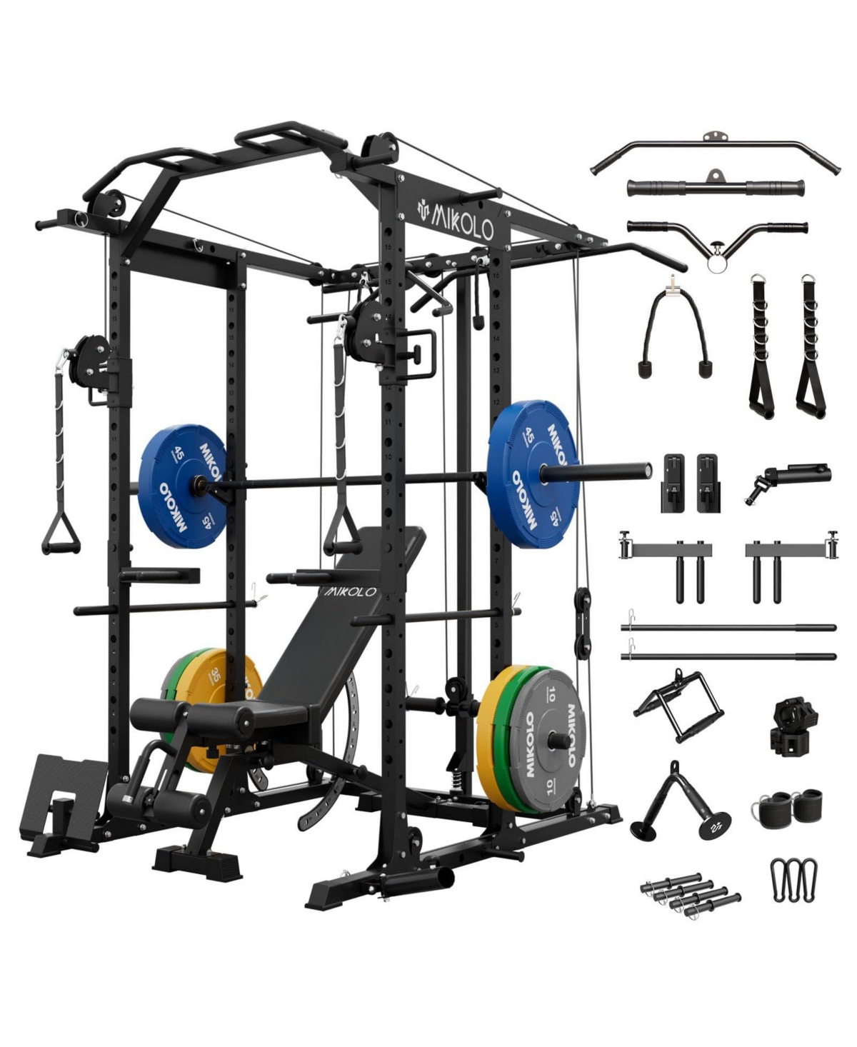 Mikolo Power Cage with Cable Crossover & Lat Pulldown System, 1500LB Home Gym Rack (Red) – Dark grey