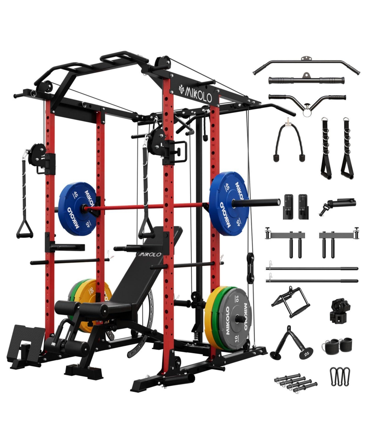 Mikolo Power Cage with Cable Crossover & Lat Pulldown System, 1500LB Home Gym Rack (Red) – Dark red