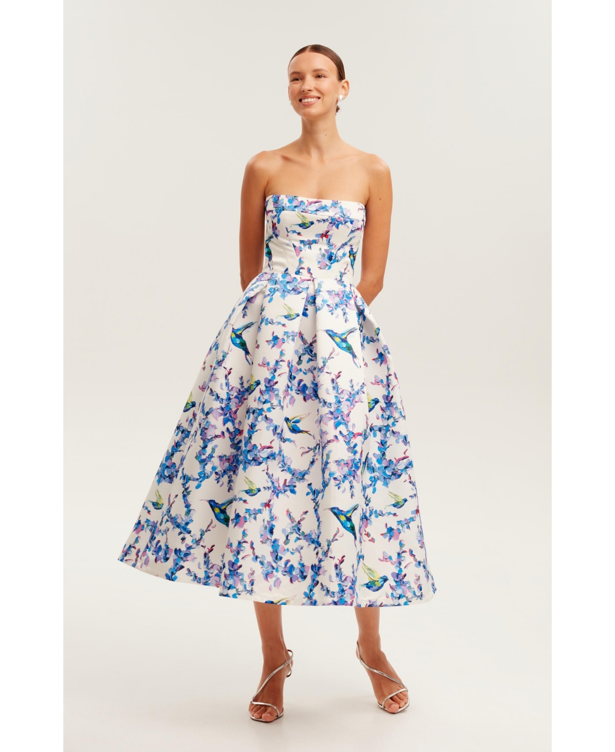 Milla Women’s Strapless Midi Dress With A Flower Print – Lavender birds