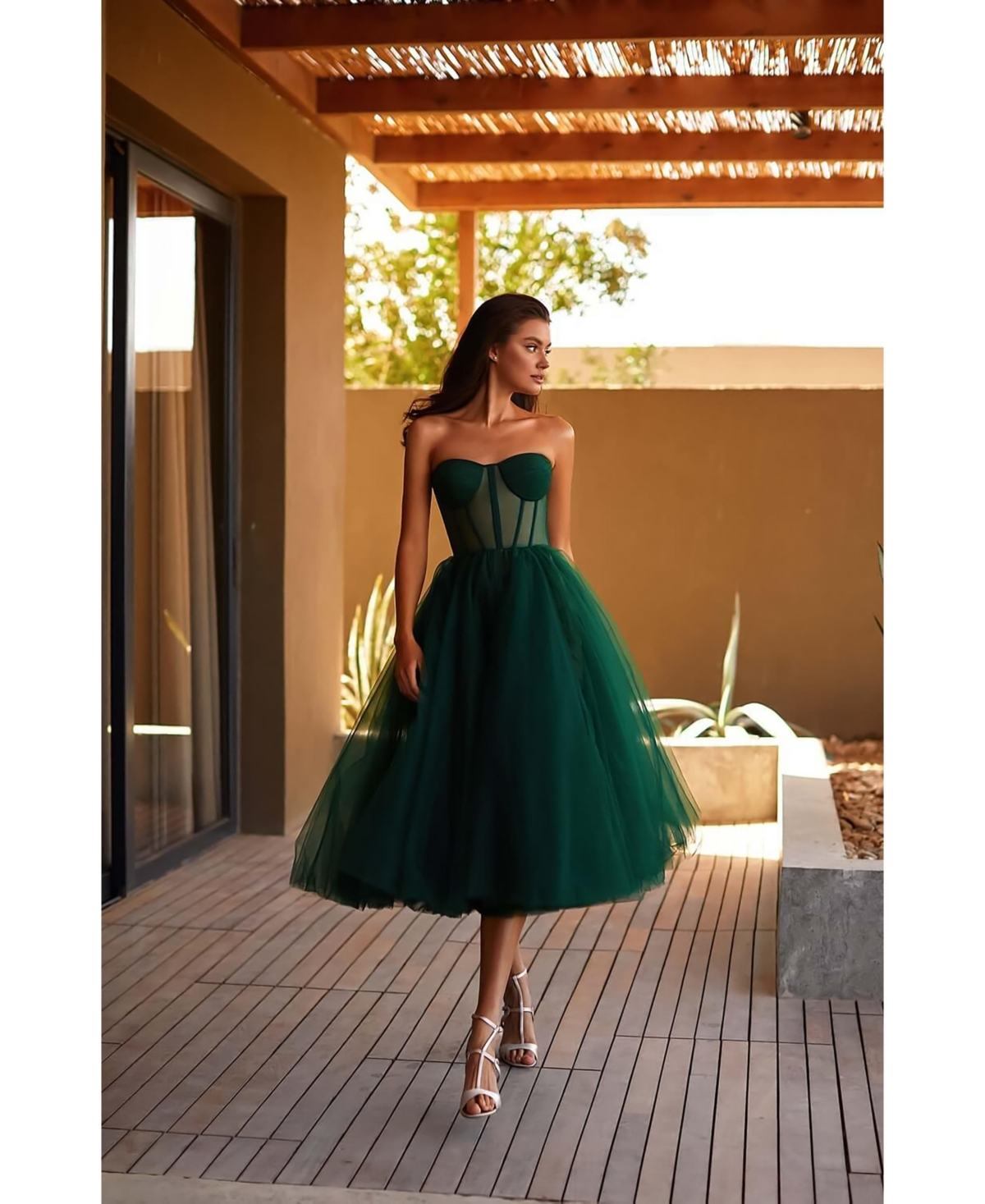Milla Women’s Strapless Puffy Midi Tulle Dress – Emerald green Milla Women’s Strapless Puffy Midi Tulle Dress – Emerald green