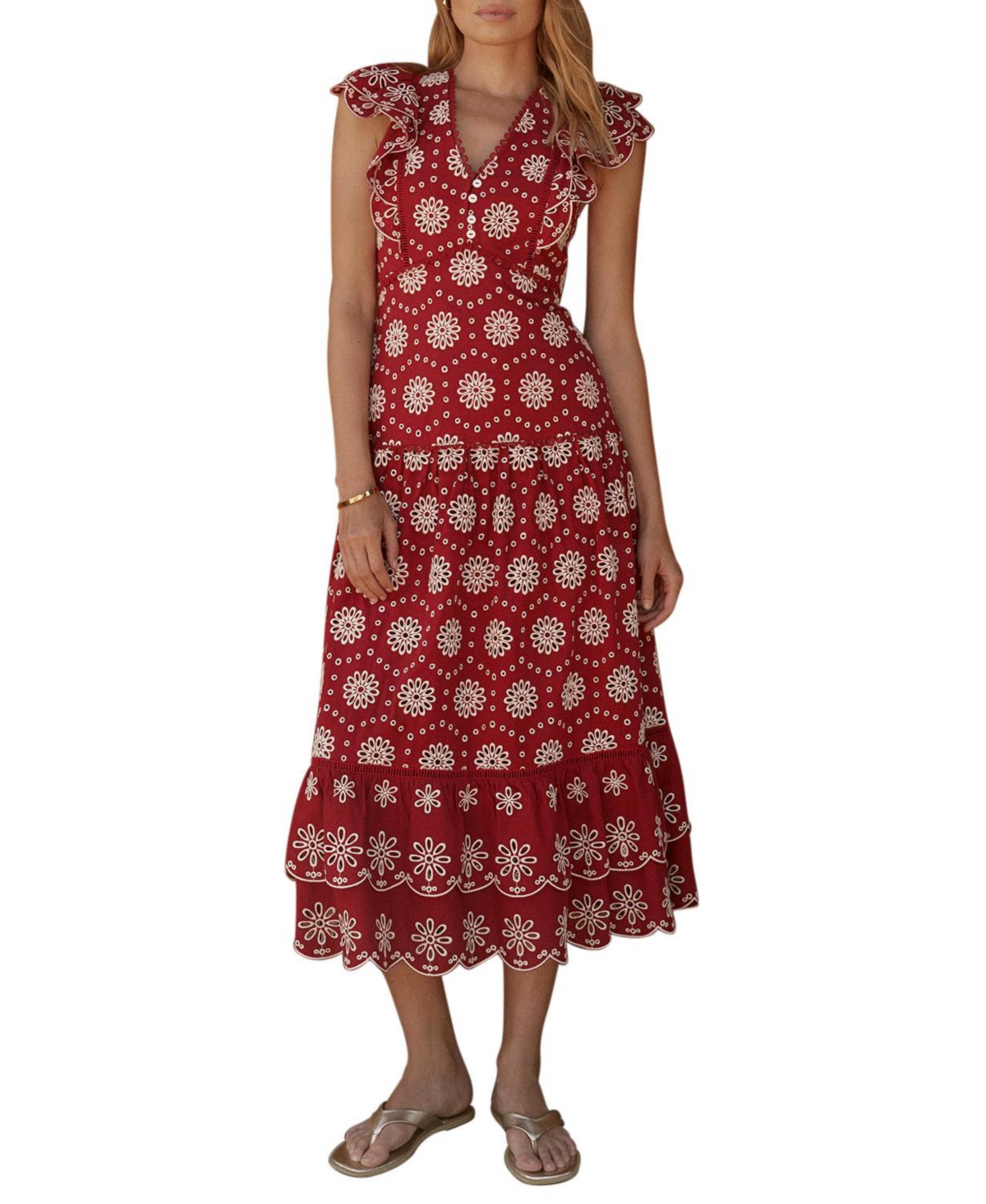 Mint Velvet Women’s Cotton Broderie Drop Waist Midi Dress – Red Mint Velvet Women’s Cotton Broderie Drop Waist Midi Dress – Red