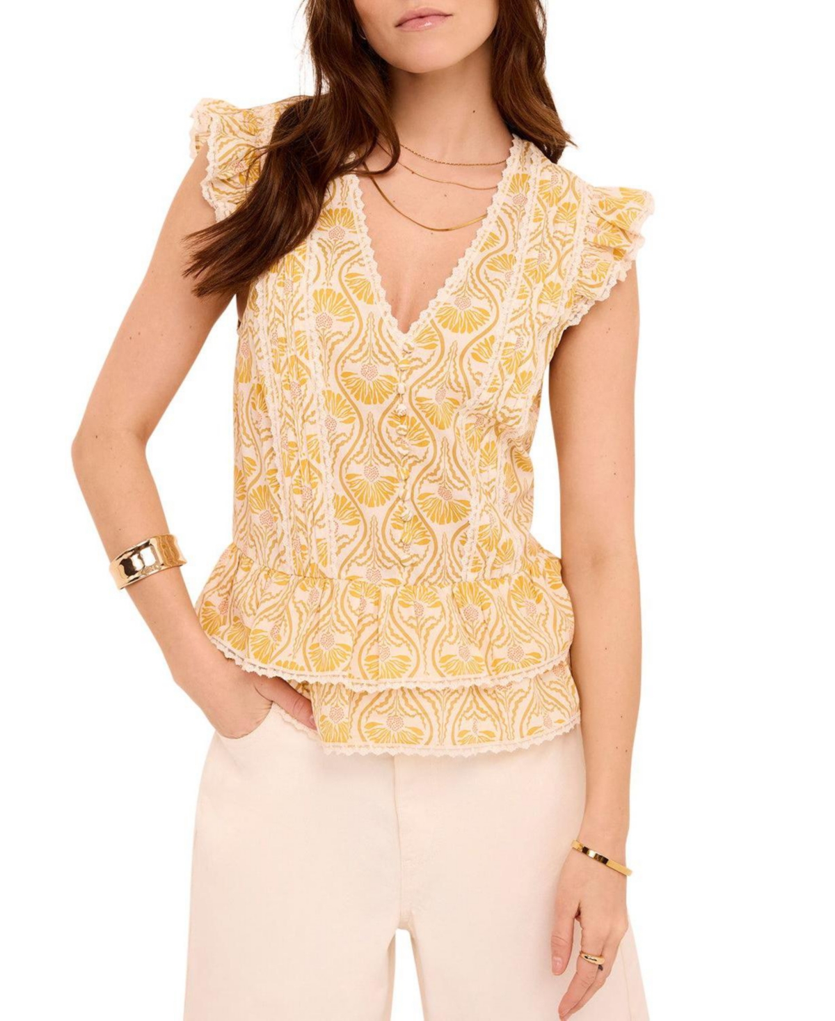 Mint Velvet Women’s Cotton Floral Print Top – Yellow