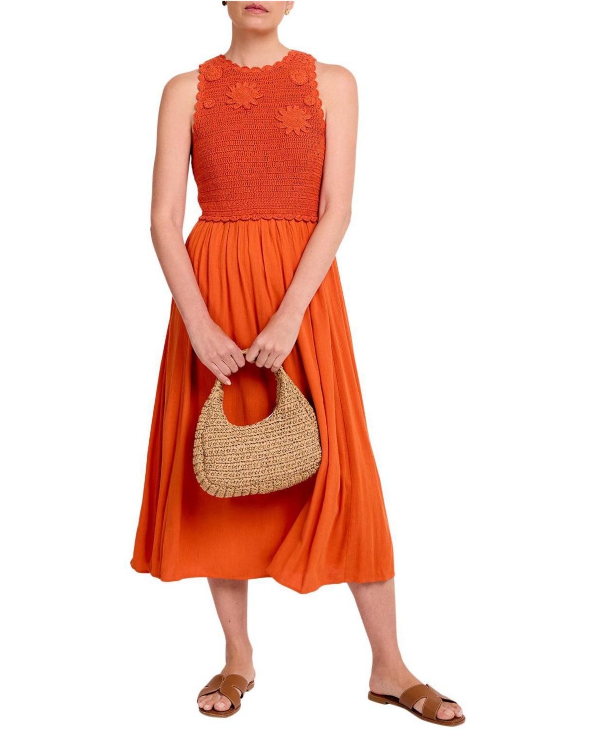Mint Velvet Women’s Crochet Bodice Midi Dress – Orange