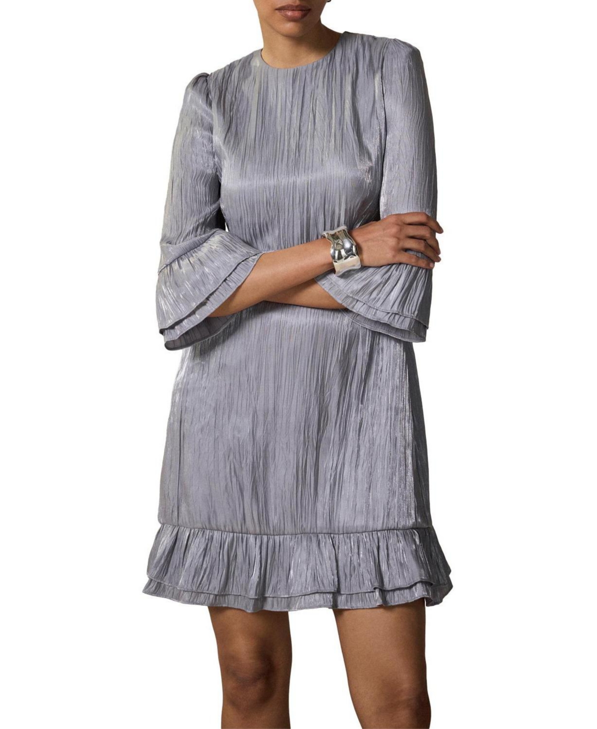 Mint Velvet Women’s Metallic Ruffle 3/4-Sleeve Mini Dress – Silver Mint Velvet Women’s Metallic Ruffle 3/4-Sleeve Mini Dress – Silver