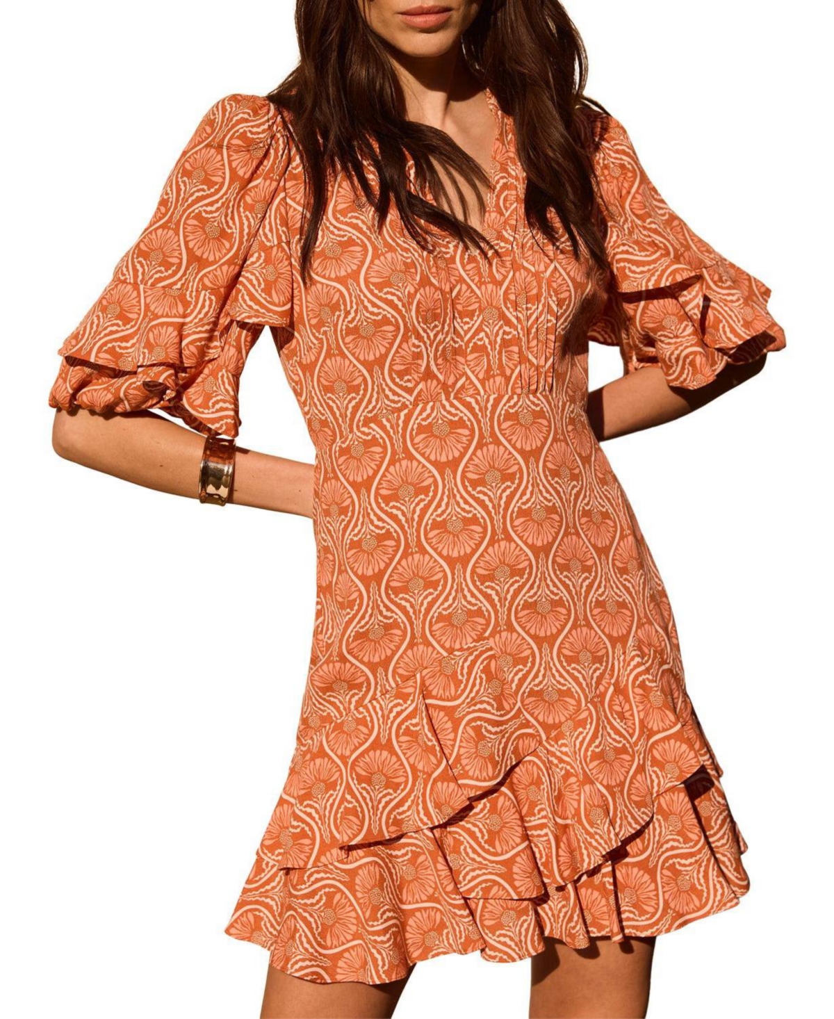 Mint Velvet Women’s Printed Ruffle V-neck Mini Dress – Orange