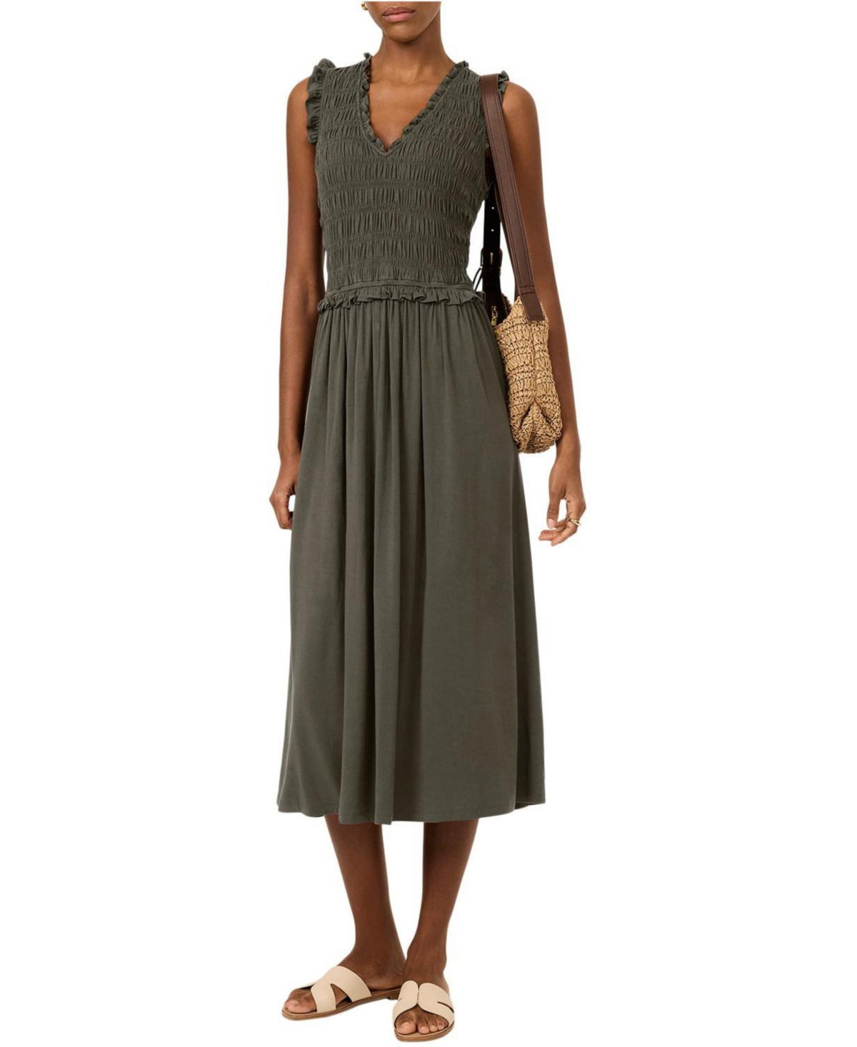 Mint Velvet Women’s Shirred Ruffle Midi Dress – Green