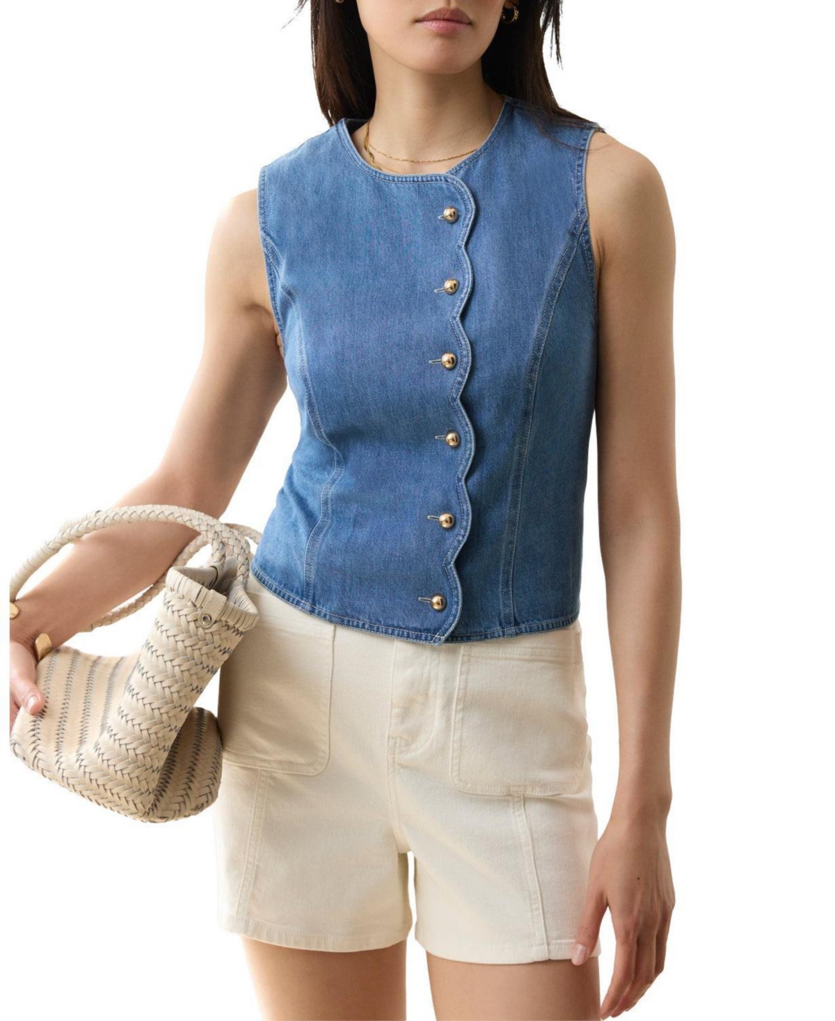 Mint Velvet Women’s Sleeveless Scallop Detail Denim Waistcoat – Blue Mint Velvet Women’s Sleeveless Scallop Detail Denim Waistcoat – Blue