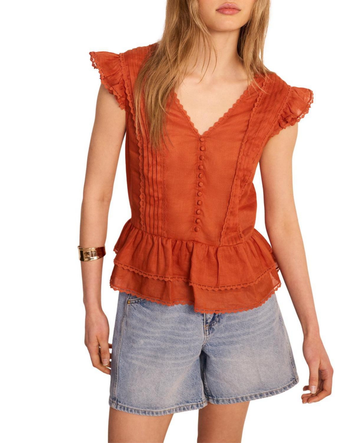Mint Velvet Women’s V-Neck Ruffle Sleeveless Ramie Blouse – Orange Mint Velvet Women’s V-Neck Ruffle Sleeveless Ramie Blouse – Orange