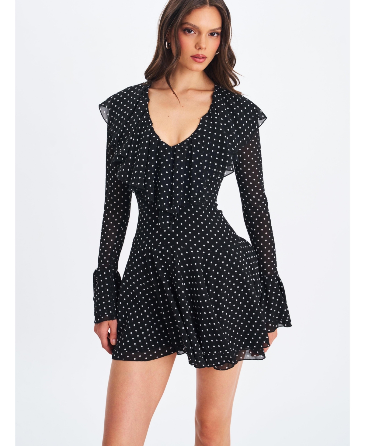 Miss Circle Women Omari Black Chiffon Polka Dot Ruffled Neckline Mini Dress – Black Miss Circle Women Omari Black Chiffon Polka Dot Ruffled Neckline Mini Dress – Black