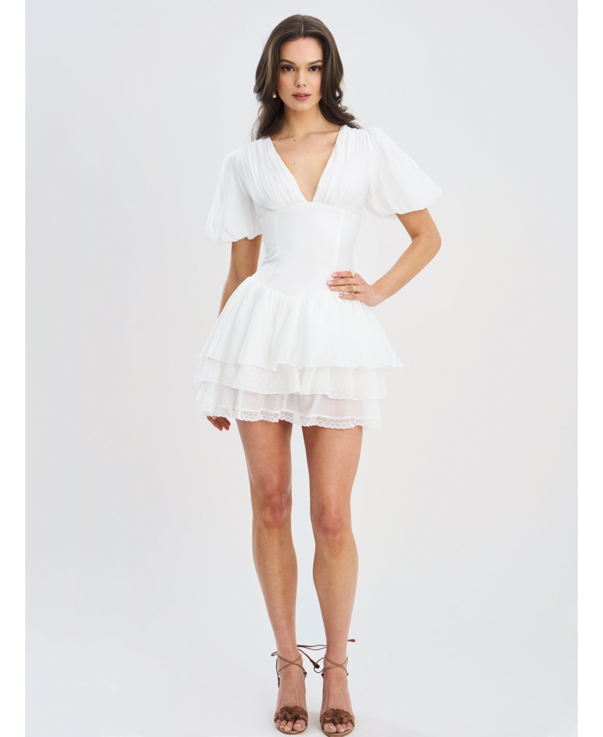 Miss Circle Women’s Caitlyn Bubble Sleeve Layered Mini Corset Dress – White Miss Circle Women’s Caitlyn Bubble Sleeve Layered Mini Corset Dress – White