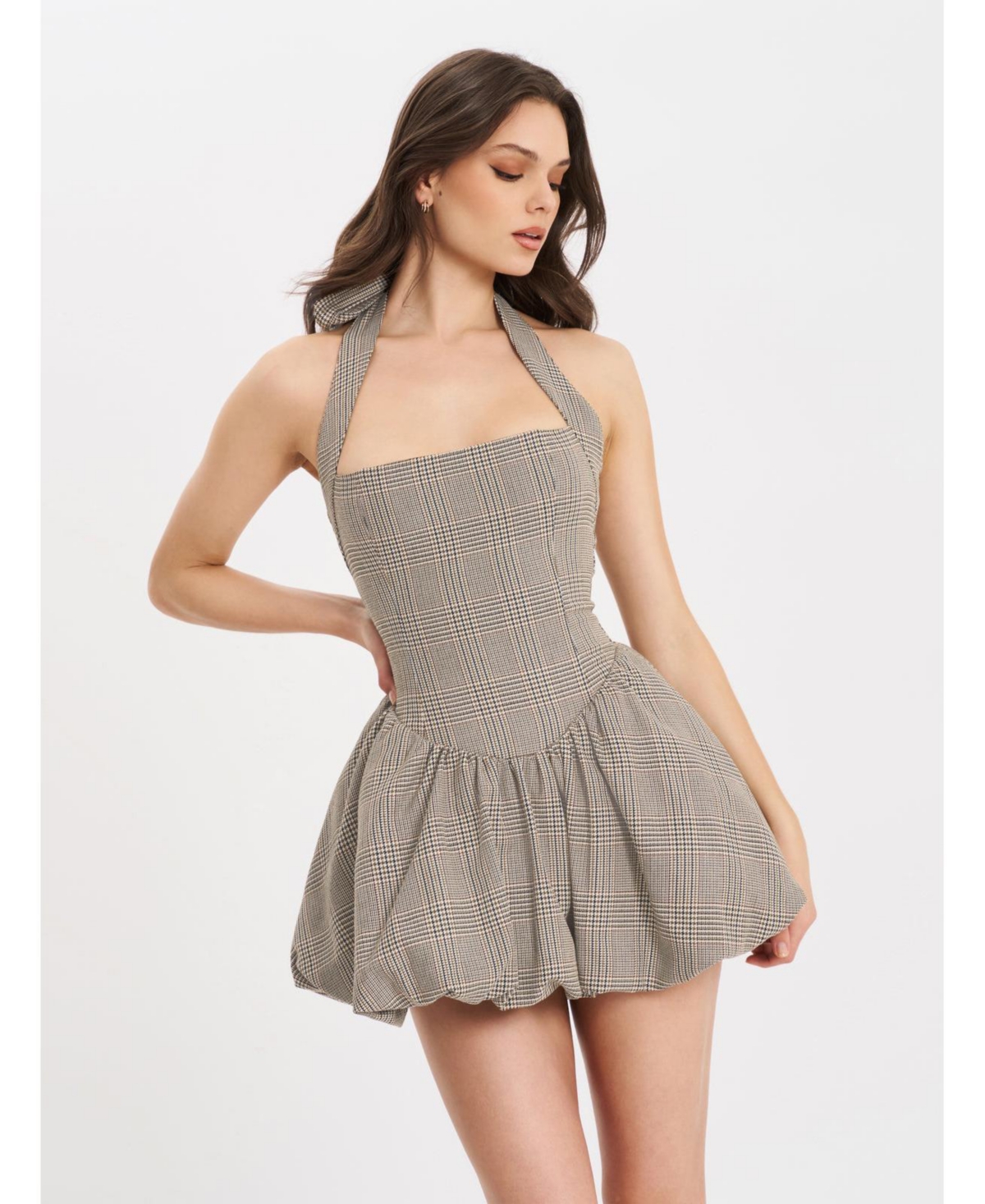 Miss Circle Women’s Dacia Plaid Halter Lace-up Bubble Mini Dress – Brown Miss Circle Women’s Dacia Plaid Halter Lace-up Bubble Mini Dress – Brown
