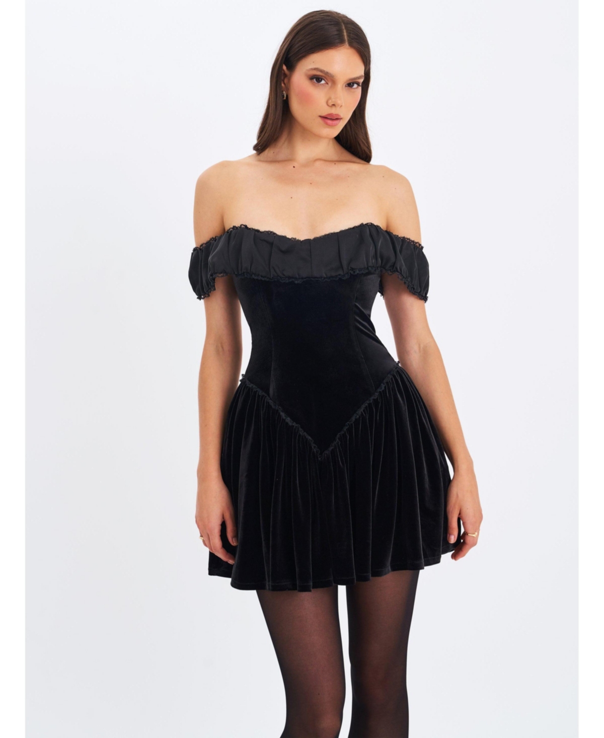 Miss Circle Women’s Daisha Black Lace Trimmed Off-Shoulder Ruched Mini Dress – Black Miss Circle Women’s Daisha Black Lace Trimmed Off-Shoulder Ruched Mini Dress – Black