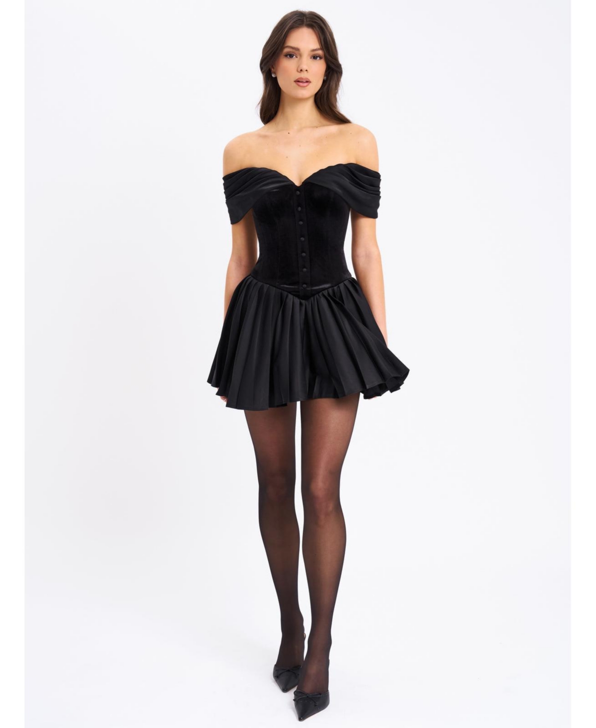 Miss Circle Women’s Echo Black Velvet Off-shoulder Pleated Mini Dress – Black Miss Circle Women’s Echo Black Velvet Off-shoulder Pleated Mini Dress – Black