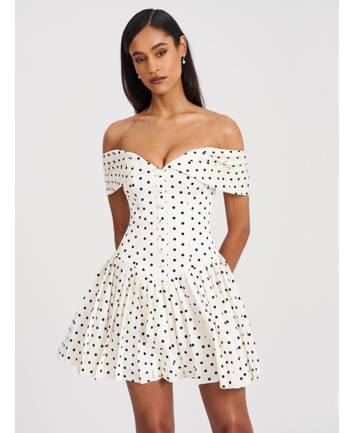 Miss Circle Women’s Edeline Polka Dot Off-shoulder Pleated Mini Dress – White black polka dot Miss Circle Women’s Edeline Polka Dot Off-shoulder Pleated Mini Dress – White black polka dot