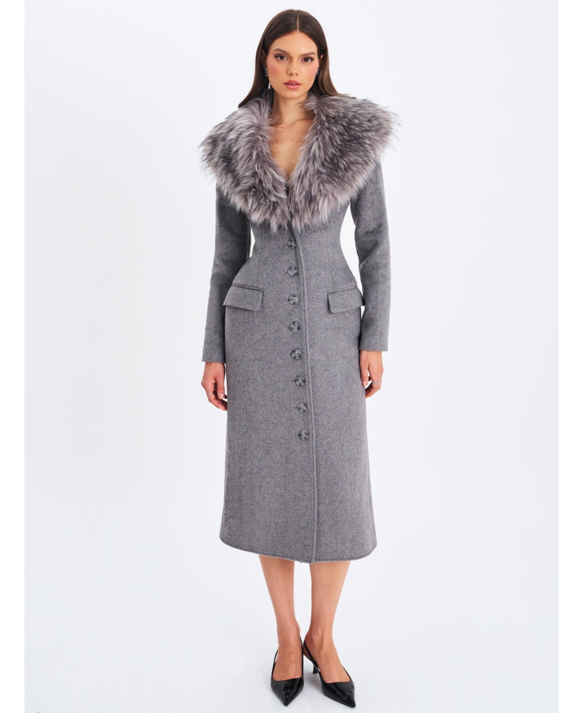 Miss Circle Women’s Faye Grey Wool Blend Single-Breasted Coat with Removable Faux Fur Collar – Grey
