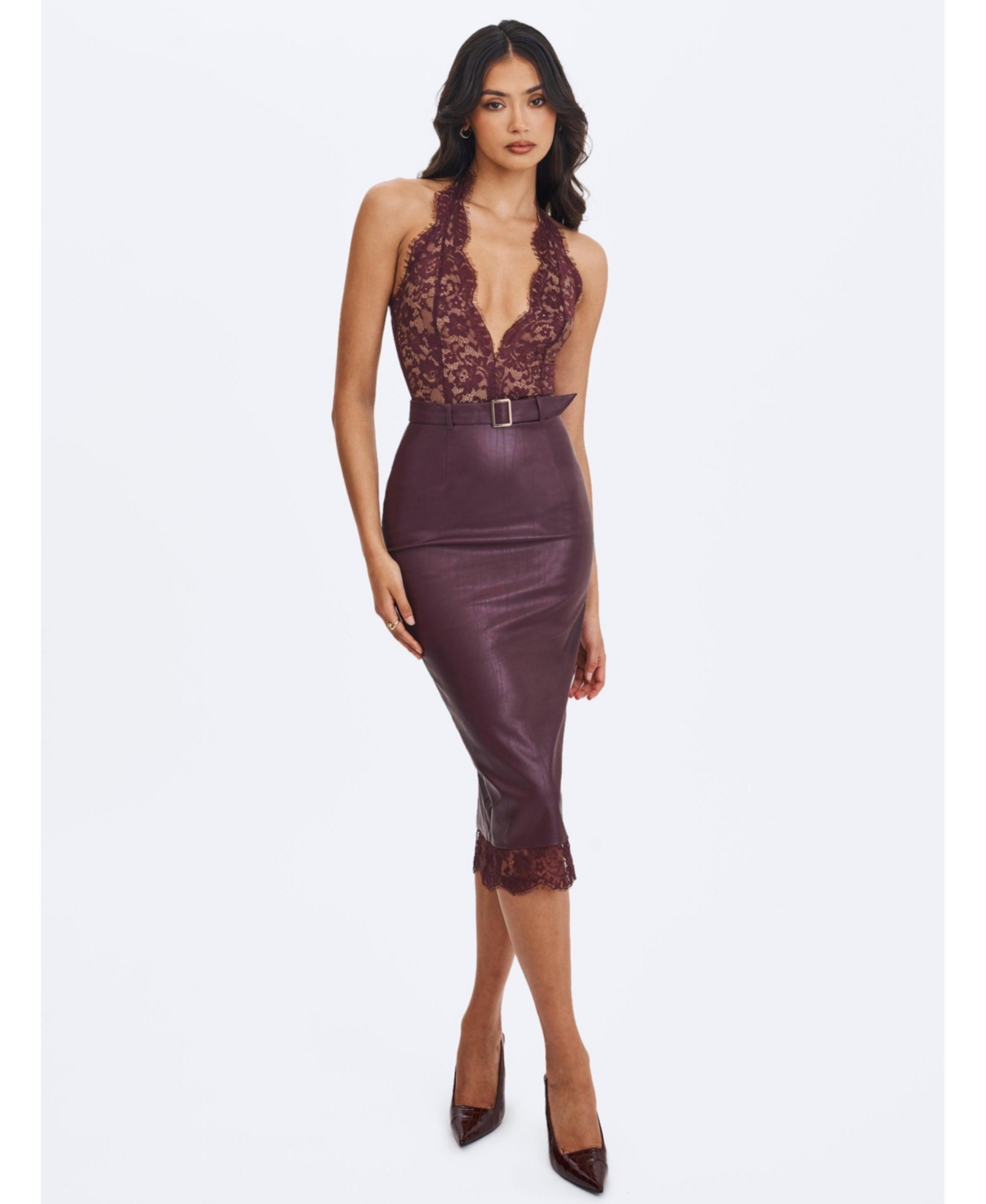 Miss Circle Women’s Fiera Mahogany Plunging Halter Belted Midi Dress – Mahogany Miss Circle Women’s Fiera Mahogany Plunging Halter Belted Midi Dress – Mahogany