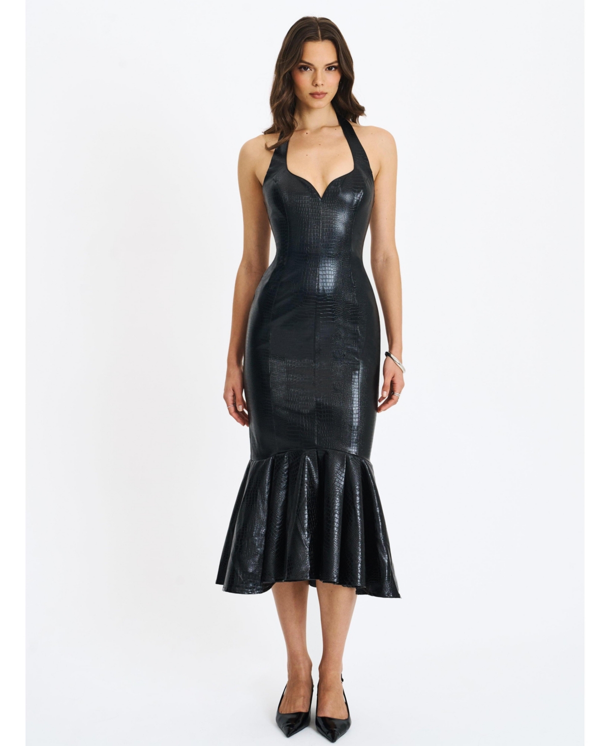 Miss Circle Women’s Gardenia Black Leather Midi Sweetheart Halter Flared Dress – Black Miss Circle Women’s Gardenia Black Leather Midi Sweetheart Halter Flared Dress – Black