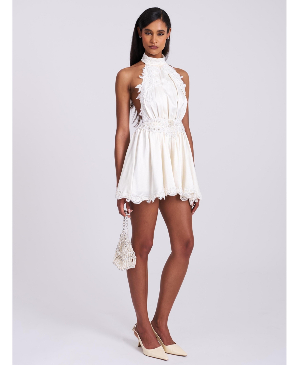 Miss Circle Women’s Idalia Beaded Lace Trim Backless Halter Mini Dress – White Miss Circle Women’s Idalia Beaded Lace Trim Backless Halter Mini Dress – White