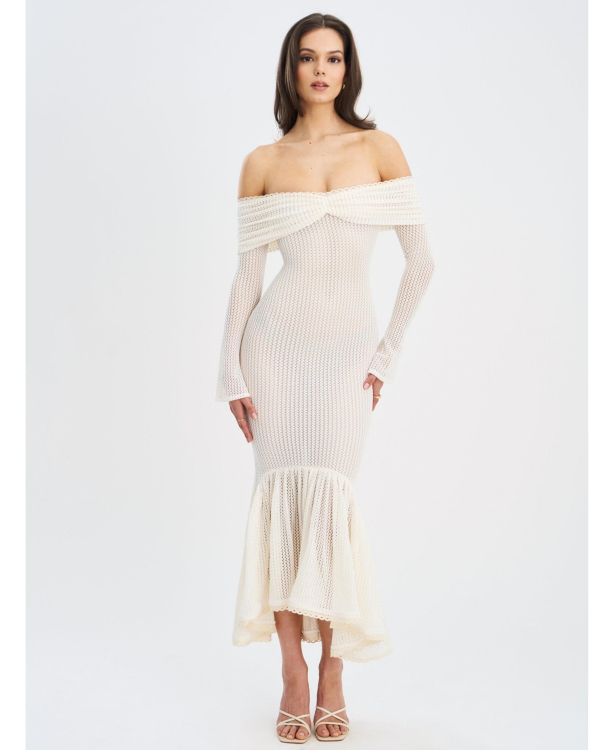 Miss Circle Women’s Kaedyn Off Shoulder Long Sleeve Crochet Mermaid Maxi Dress – White Miss Circle Women’s Kaedyn Off Shoulder Long Sleeve Crochet Mermaid Maxi Dress – White