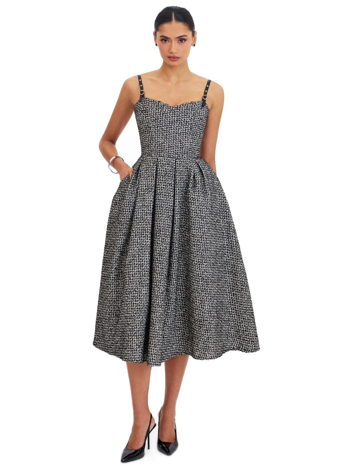 Miss Circle Women’s Katalina Tweed Backless Midi Dress – Black and white