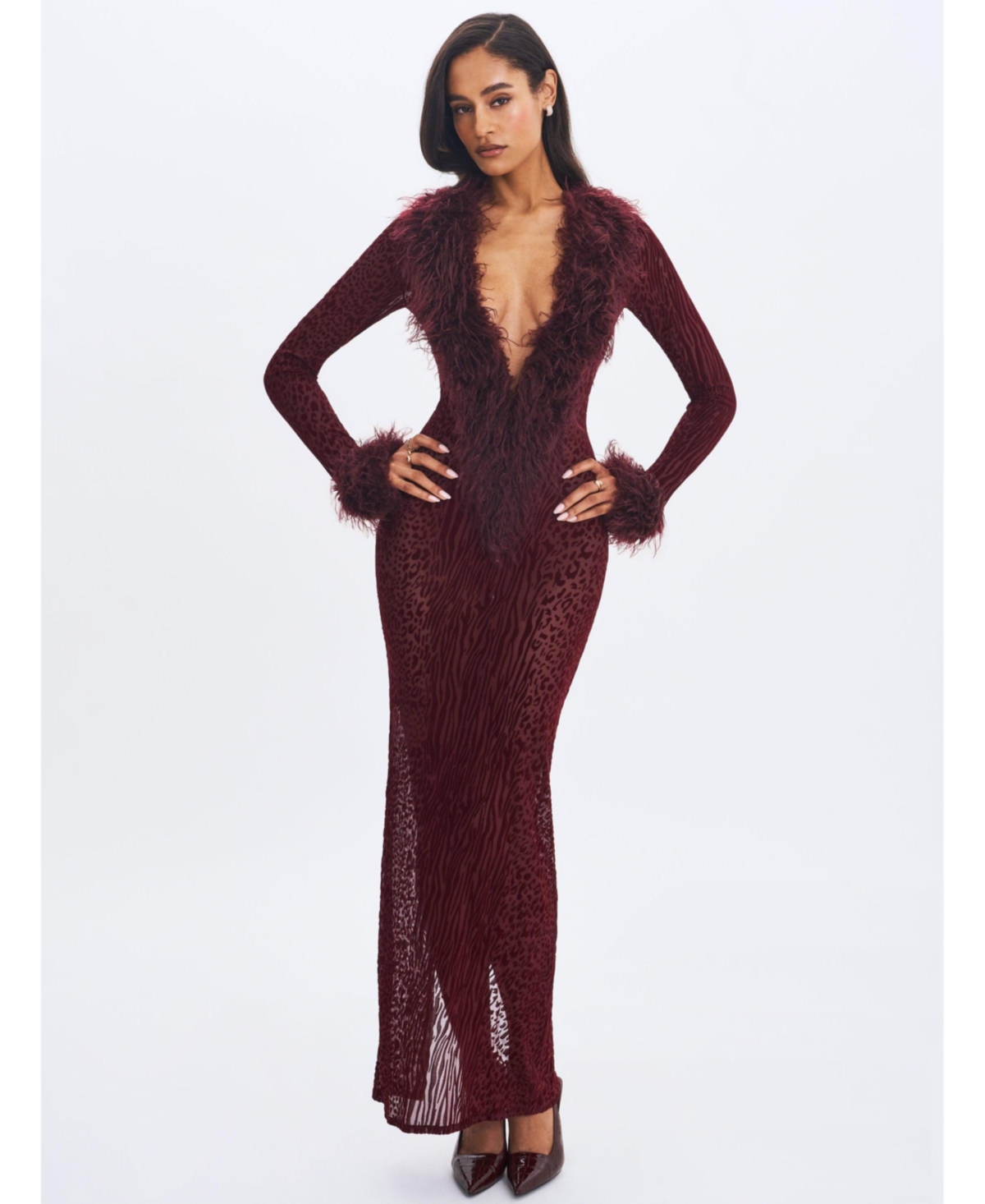 Miss Circle Women’s Luana Burgundy Plunging Fur Trimmed Crochet Maxi Dress – Burgundy Miss Circle Women’s Luana Burgundy Plunging Fur Trimmed Crochet Maxi Dress – Burgundy