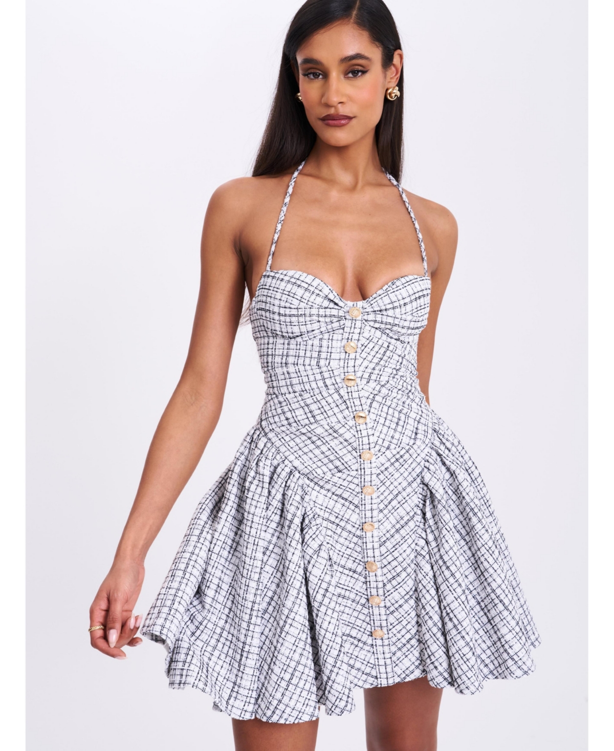Miss Circle Women’s Melody Black and White Plaid Tweed Halter Drop Waist Mini Dress – White Miss Circle Women’s Melody Black and White Plaid Tweed Halter Drop Waist Mini Dress – White