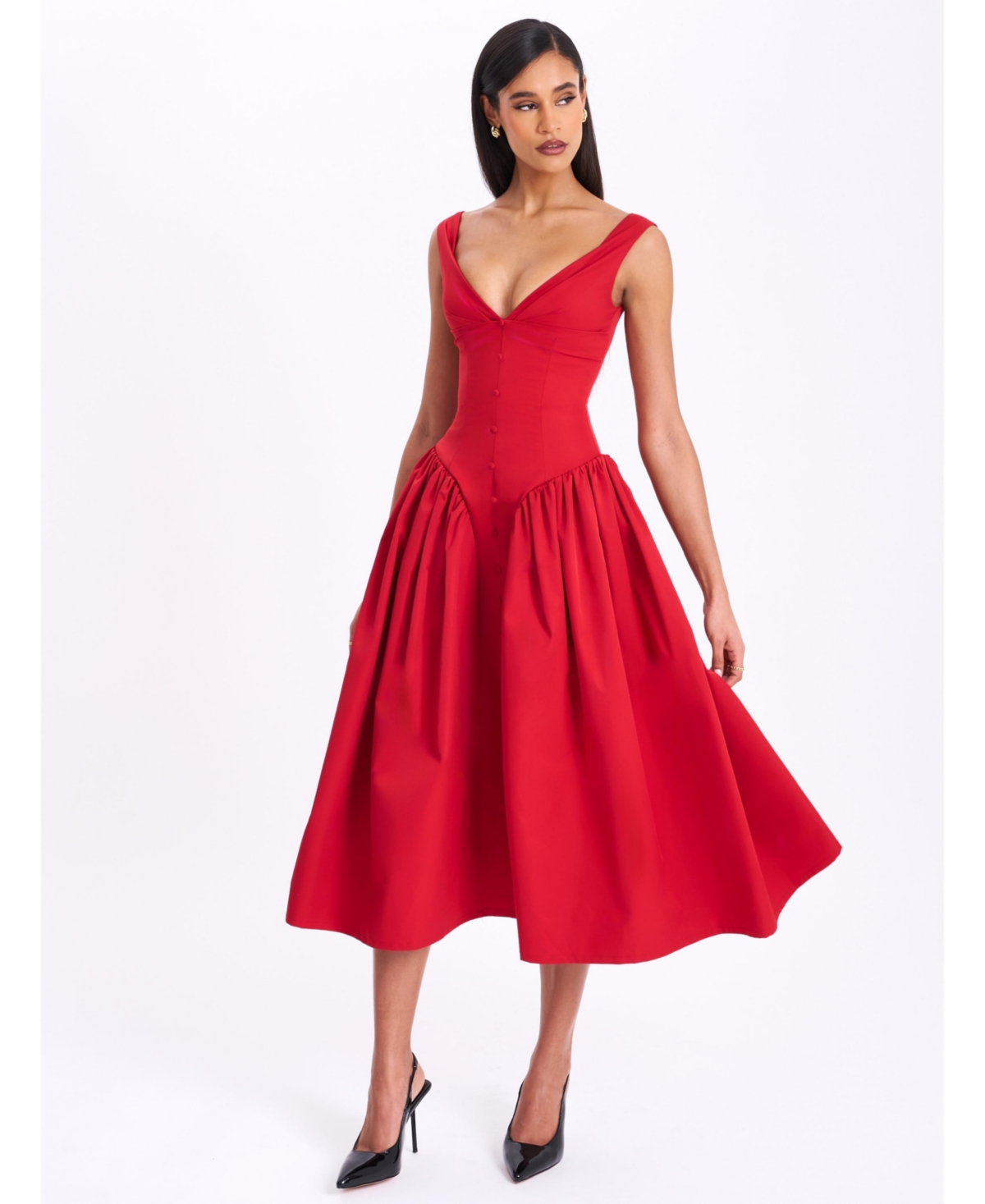 Miss Circle Women’s Nahla Red Drop Waist Midi Dress with Buttons – Red Miss Circle Women’s Nahla Red Drop Waist Midi Dress with Buttons – Red