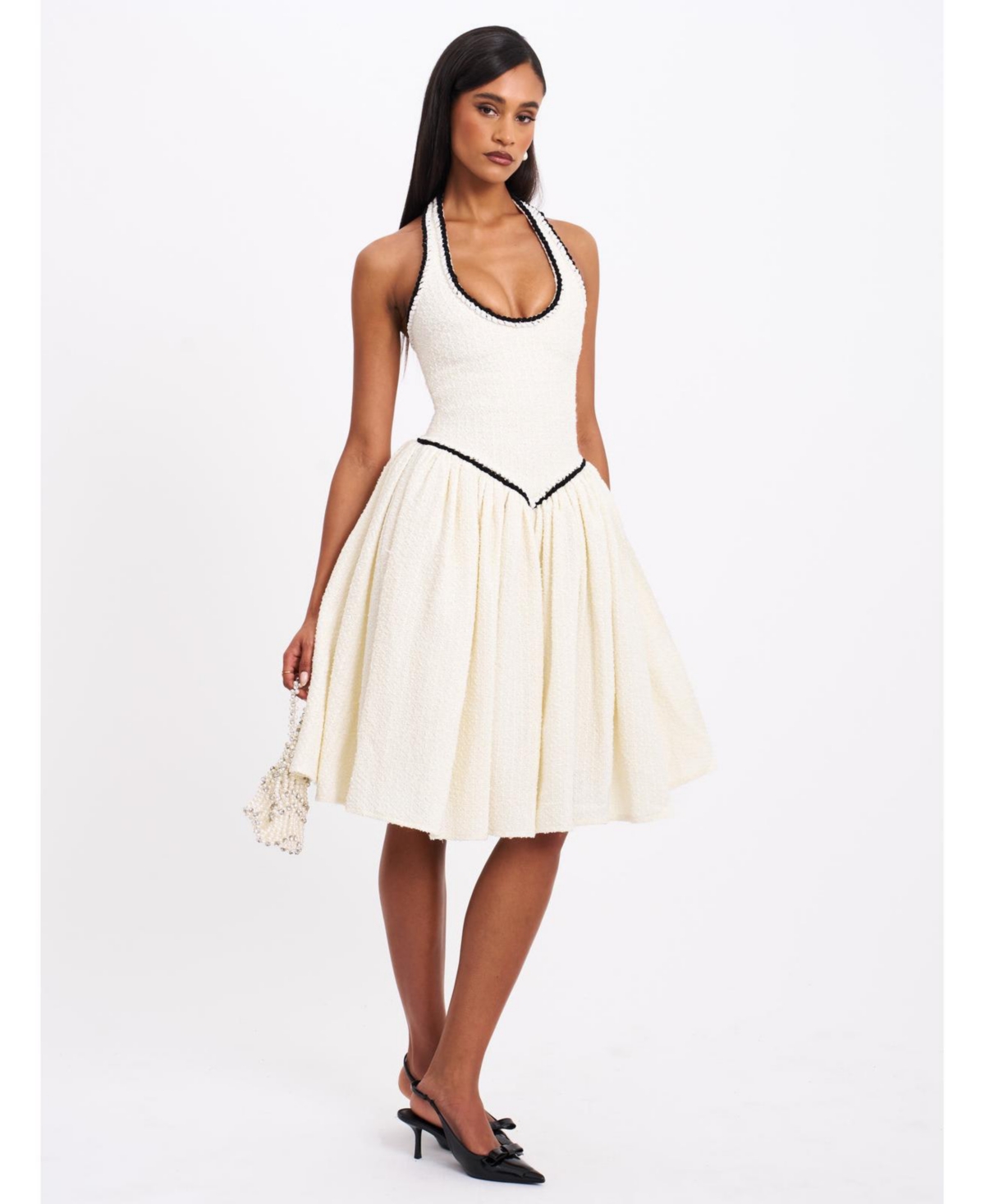 Miss Circle Women’s Natalie U Neck Halter Drop Waist Tweed Midi Dress – White Miss Circle Women’s Natalie U Neck Halter Drop Waist Tweed Midi Dress – White