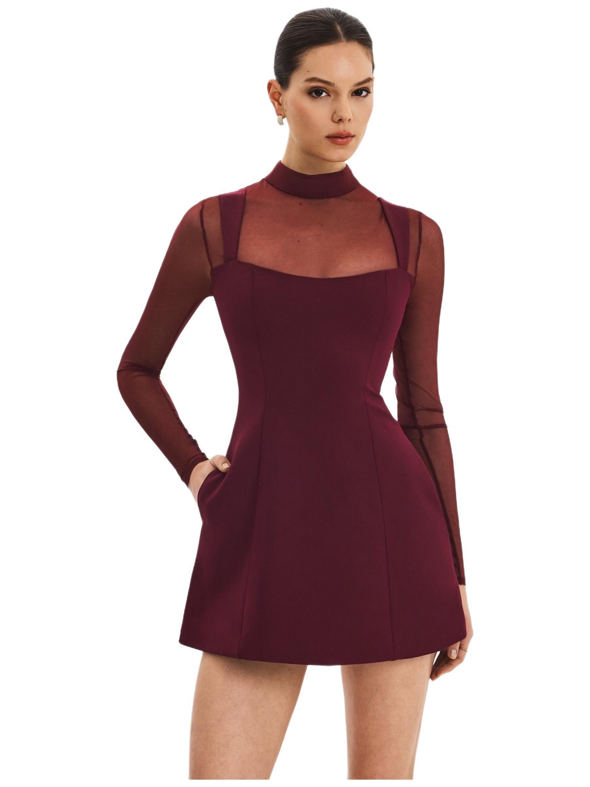 Miss Circle Women’s Natasha Burgundy Faux Two-Piece Turtleneck Mini Dress – Burgundy