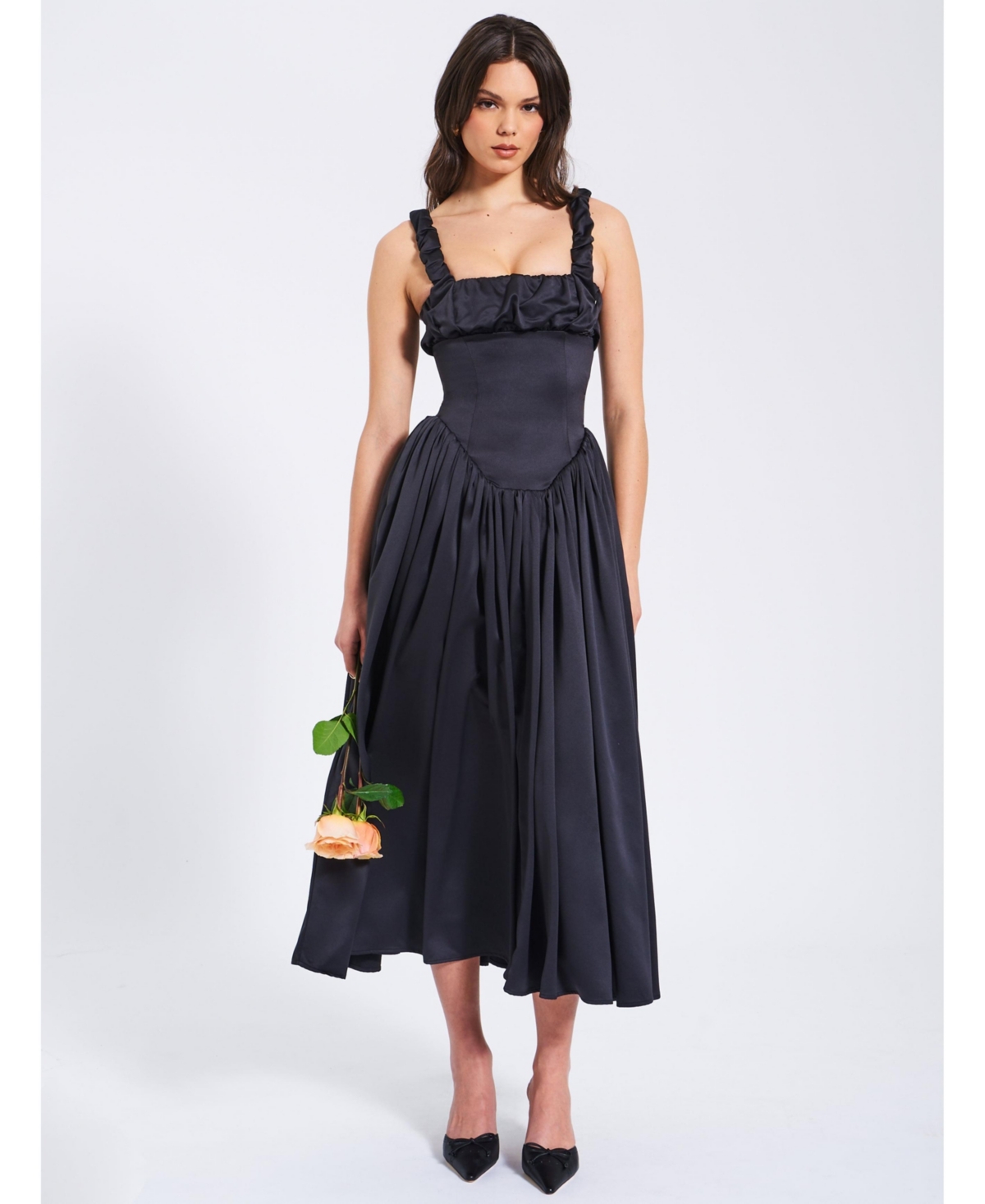Miss Circle Women’s Noreen Black Satin Drop Waist Maxi Sundress – Black