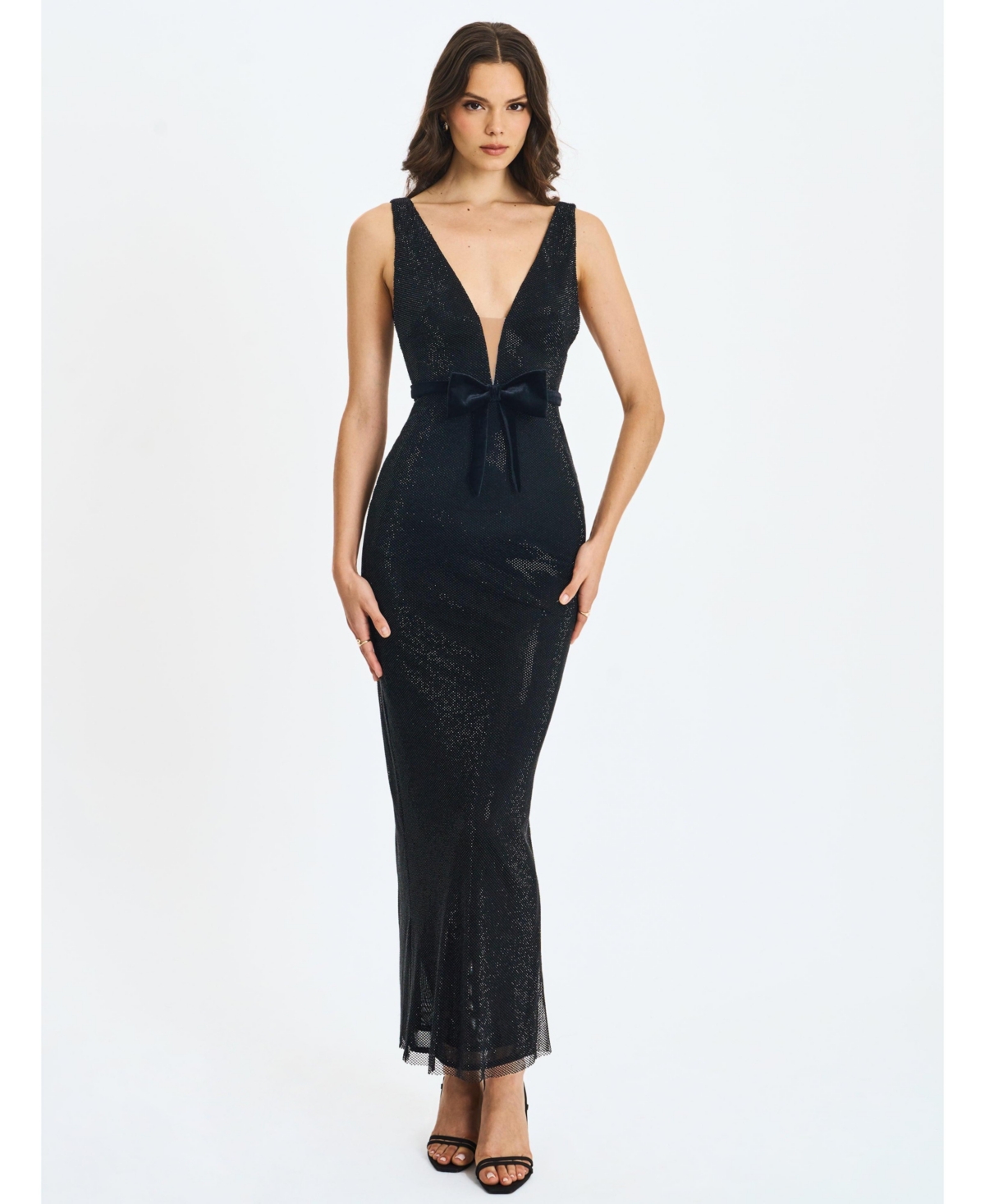 Miss Circle Women’s Olympia Belted Bow Plunging Rhinestone Maxi Dress – Black Miss Circle Women’s Olympia Belted Bow Plunging Rhinestone Maxi Dress – Black