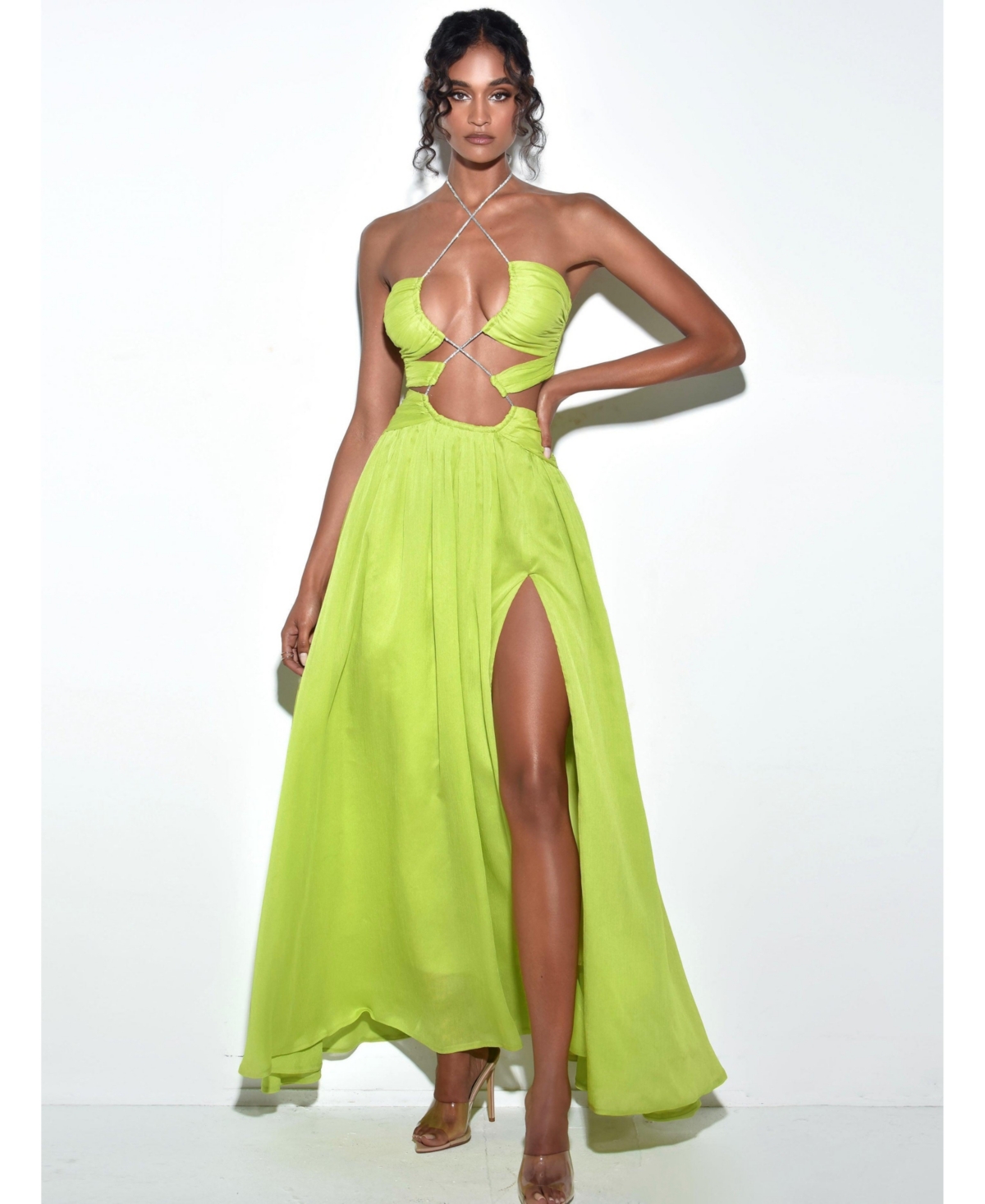 Miss Circle Women’s Quinby Lemon Chiffon Pleated Lace Up Maxi Dress – Lime green Miss Circle Women’s Quinby Lemon Chiffon Pleated Lace Up Maxi Dress – Lime green