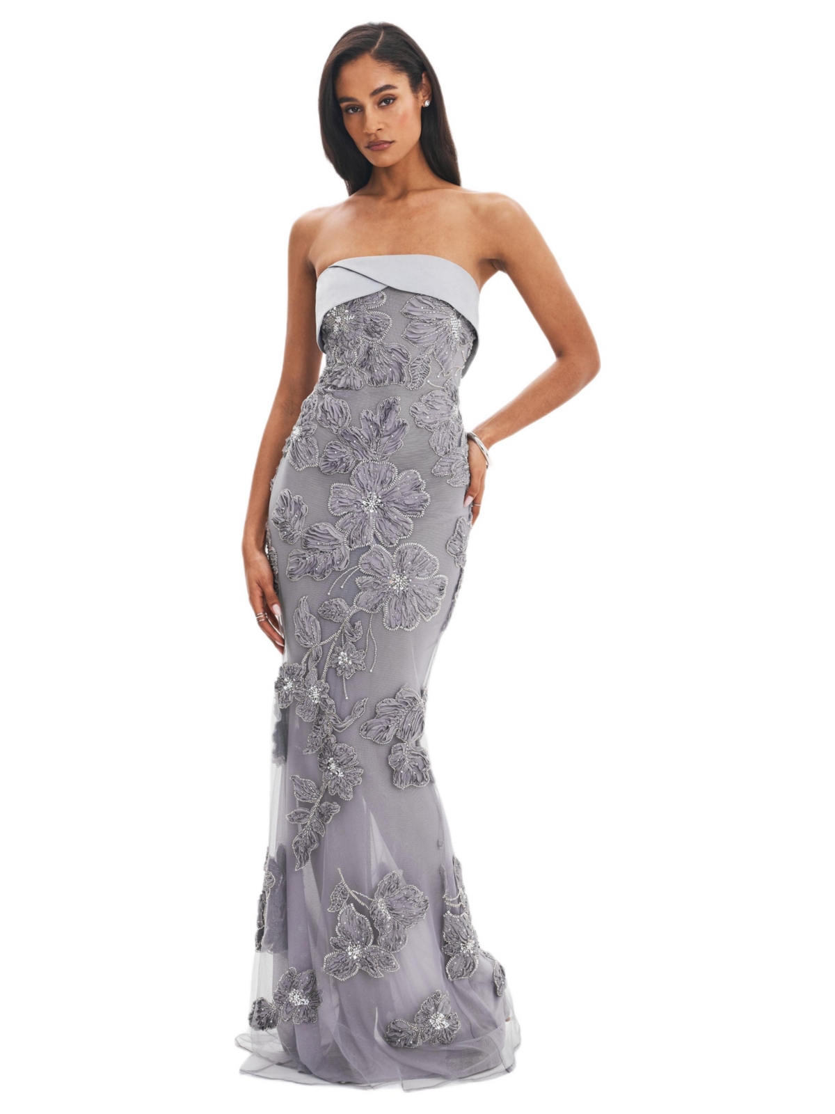Miss Circle Women’s Raphaela Silver Beaded Floral Strapless Mermaid Maxi Dress – Silver