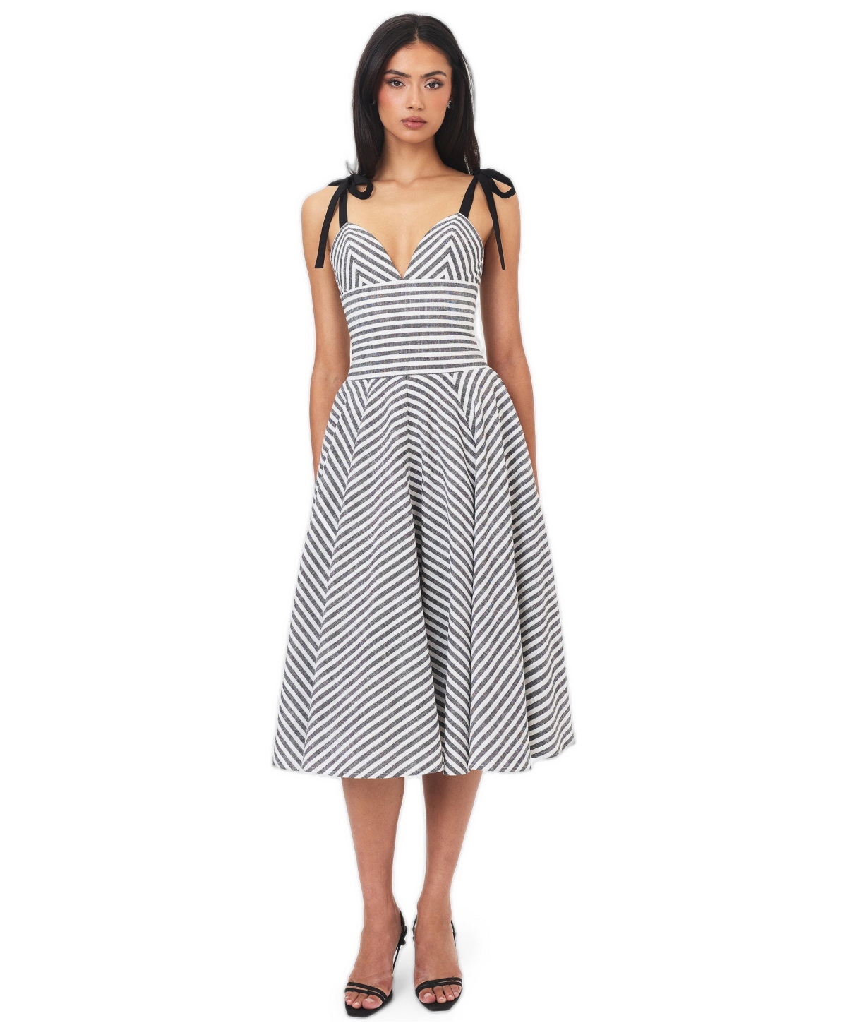 Miss Circle Women’s Riley Black and White Striped Linen Flared Midi Dress – Grey