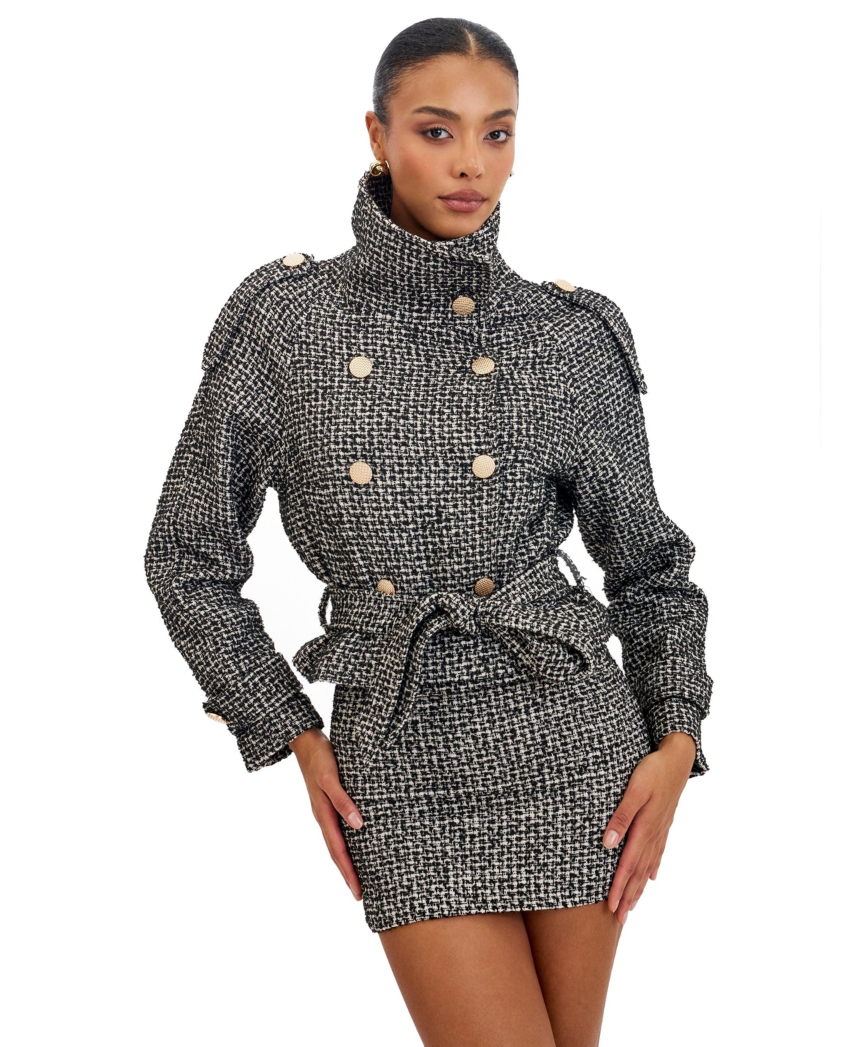 Miss Circle Women’s Sadie Black and White Tweed High Collar Belted Mini Jacket – Black and white Miss Circle Women’s Sadie Black and White Tweed High Collar Belted Mini Jacket – Black and white