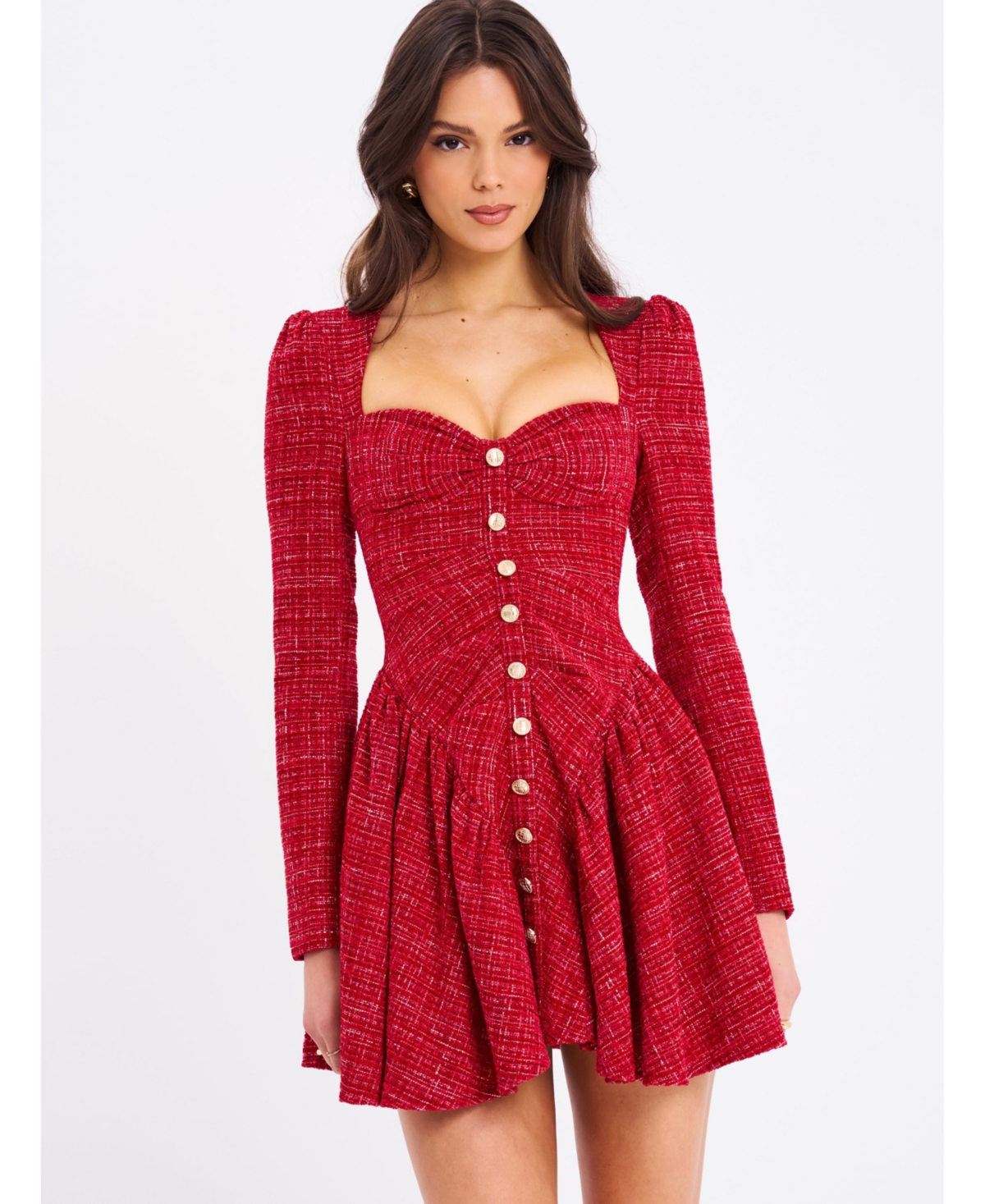 Miss Circle Women’s Tae Red Tweed Long Sleeve Drop Waist Mini Dress – Red