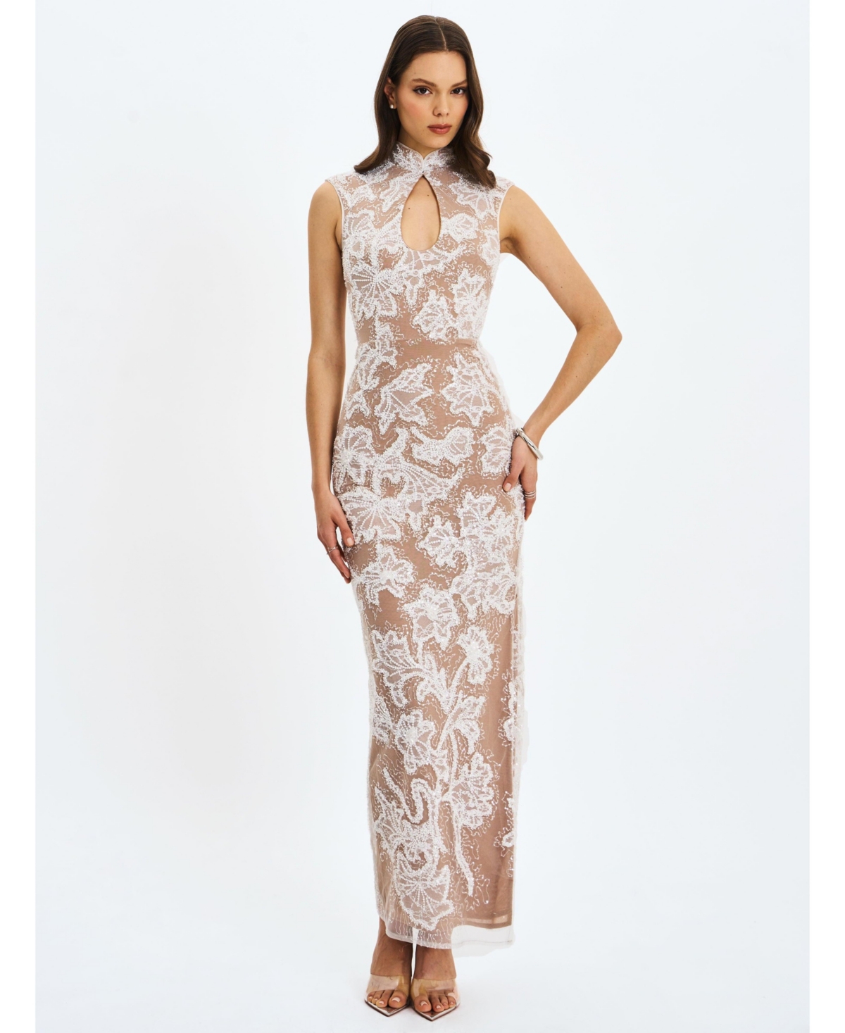 Miss Circle Women’s Tavia Beaded Teardrop Neckline Maxi Dress – White Miss Circle Women’s Tavia Beaded Teardrop Neckline Maxi Dress – White