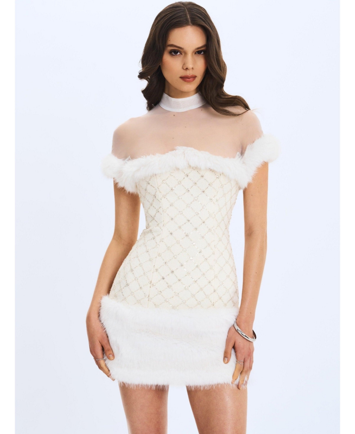 Miss Circle Women’s Taylor Ivory Fur Trimmed Beaded Boucle Mini Dress – White Miss Circle Women’s Taylor Ivory Fur Trimmed Beaded Boucle Mini Dress – White