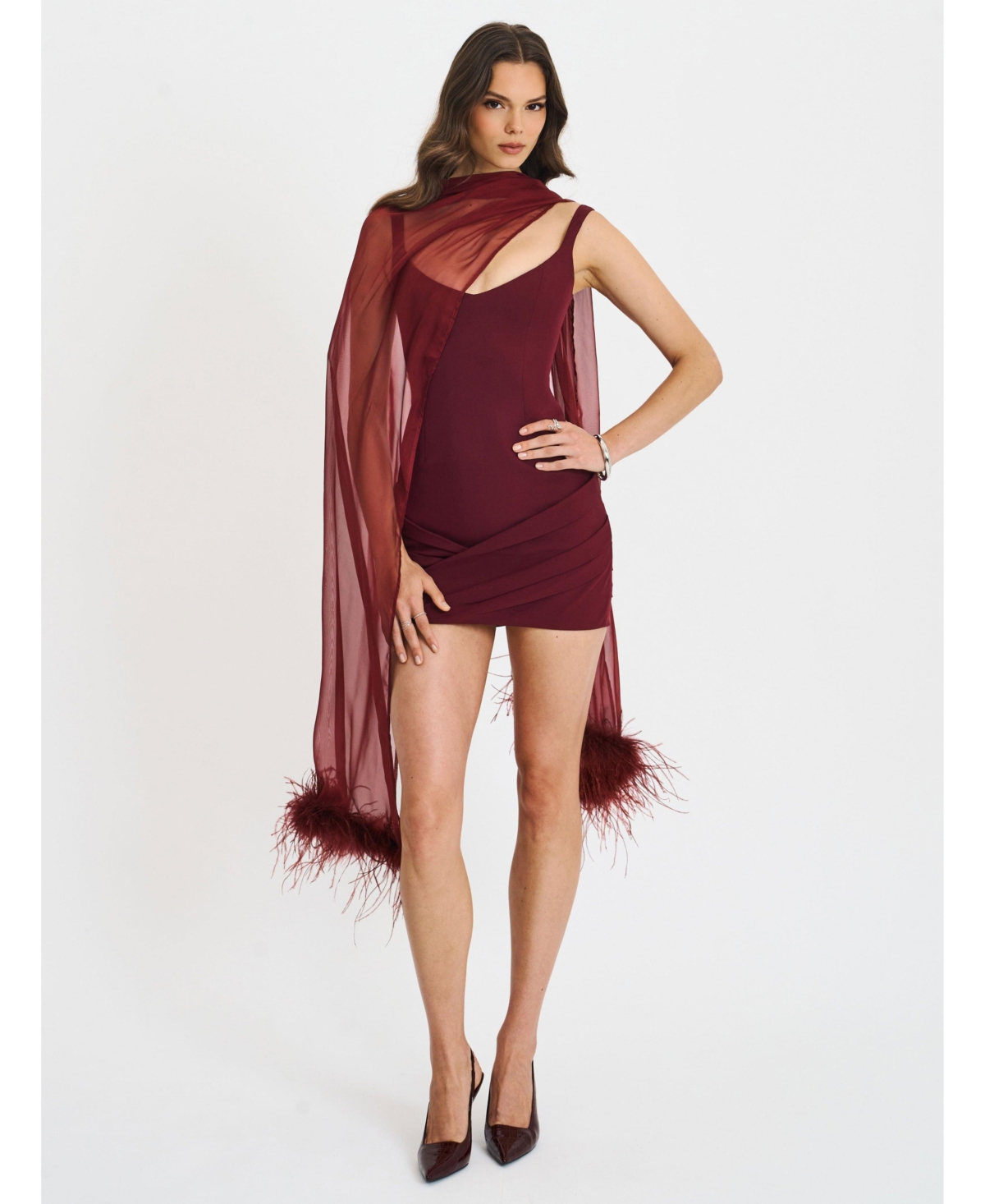 Miss Circle Women’s Tori Wine Red Pleated Mini Dress with Chiffon Scarf – Wine red Miss Circle Women’s Tori Wine Red Pleated Mini Dress with Chiffon Scarf – Wine red