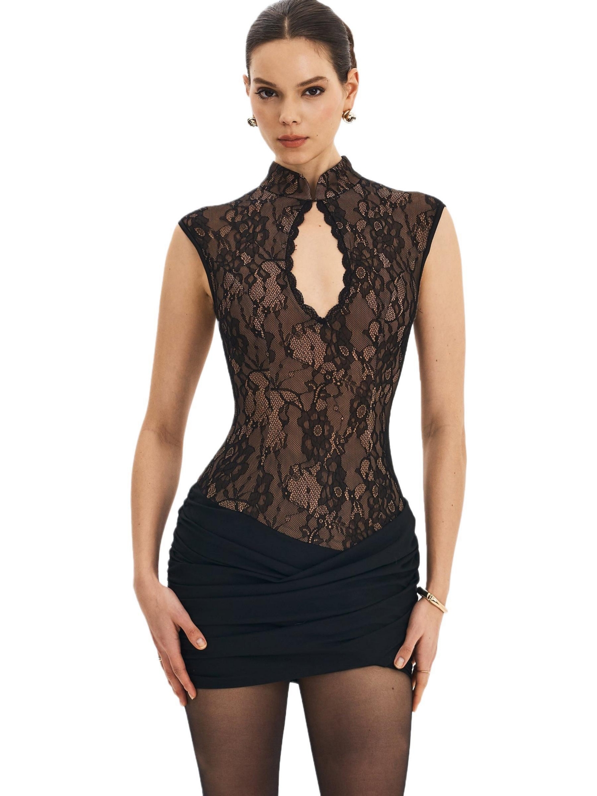 Miss Circle Women’s Valerie Black Lace Teardrop Neckline Ruched Mini Dress – Black Miss Circle Women’s Valerie Black Lace Teardrop Neckline Ruched Mini Dress – Black
