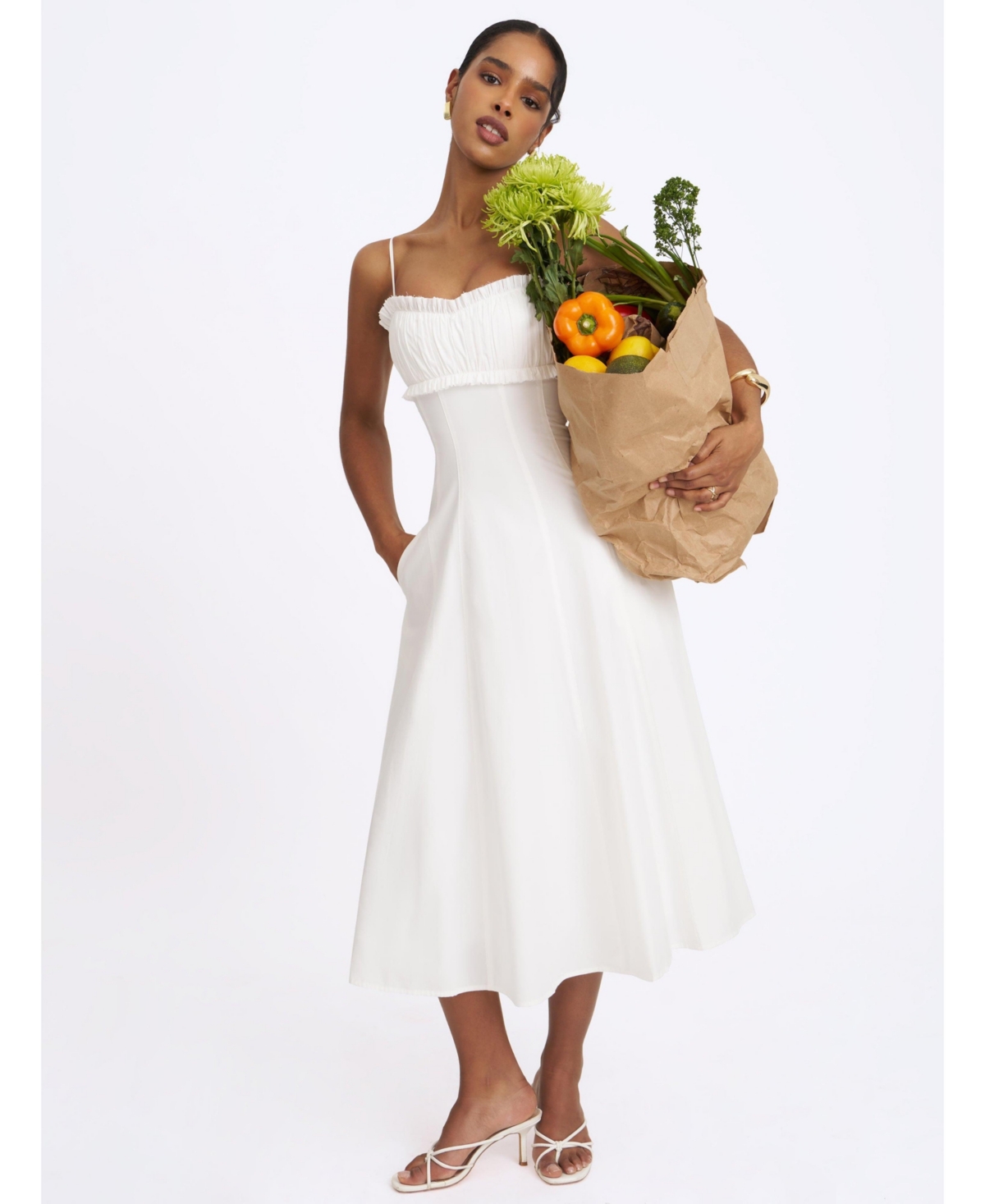 Miss Circle Women’s Vicenta White Cotton Poplin Ruched Midi Dress – White Miss Circle Women’s Vicenta White Cotton Poplin Ruched Midi Dress – White