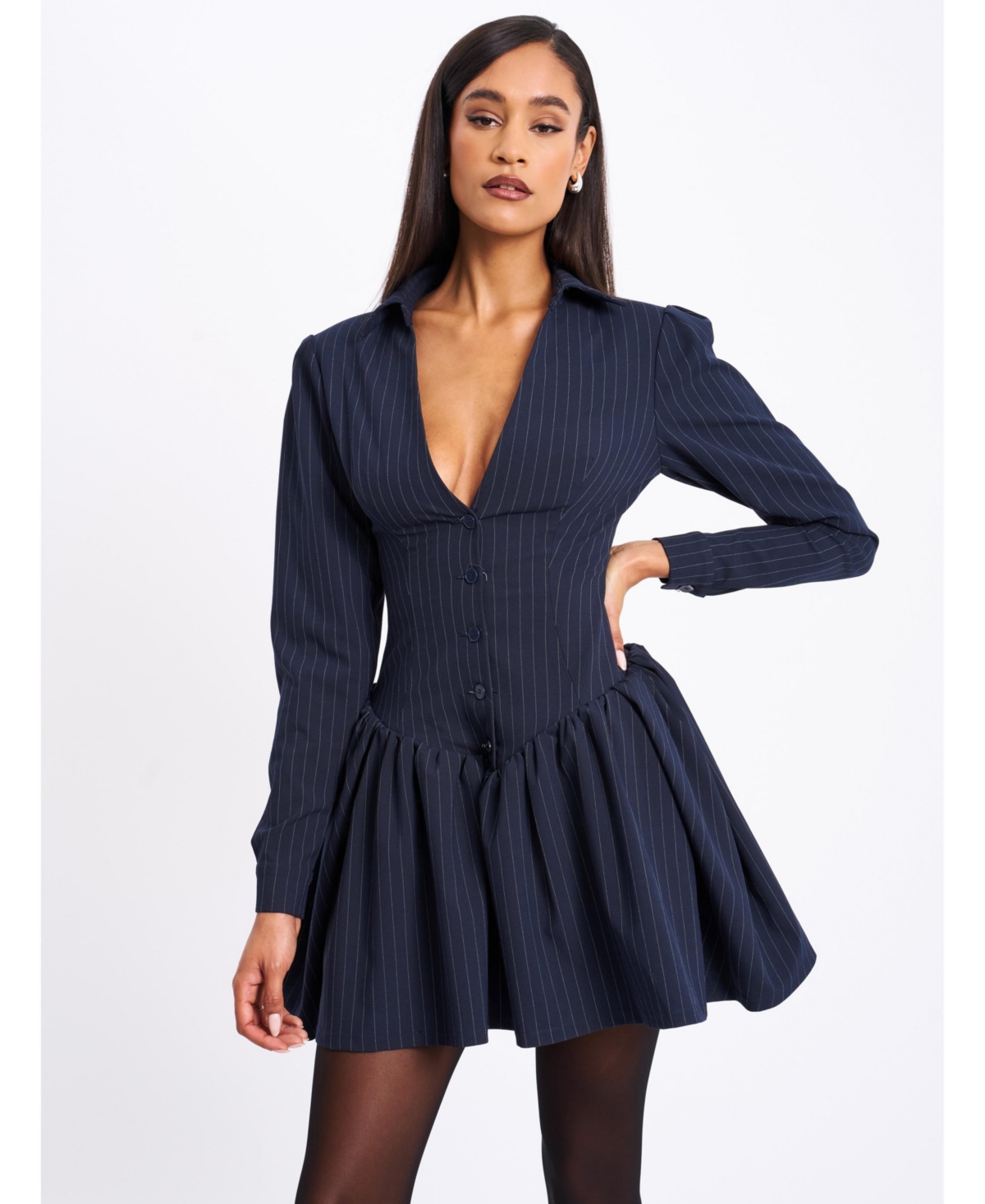 Miss Circle Women’s Xabrina Navyblue Pinstripe Long Sleeve Shirt Mini Dress – Navy
