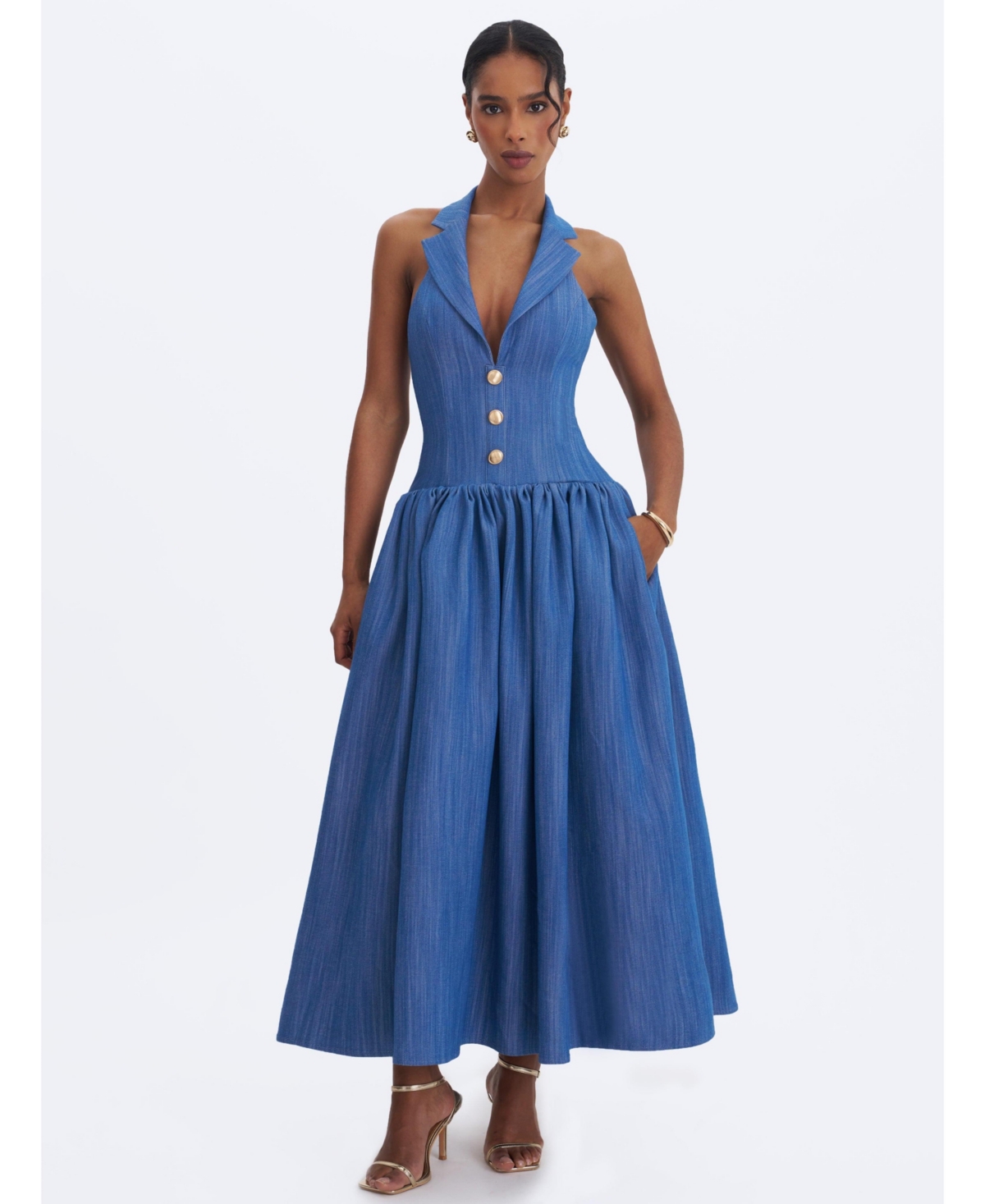 Miss Circle Women’s Xyan Navy Denim Lapel Halter A-Line Midi Dress – Denim blue Miss Circle Women’s Xyan Navy Denim Lapel Halter A-Line Midi Dress – Denim blue