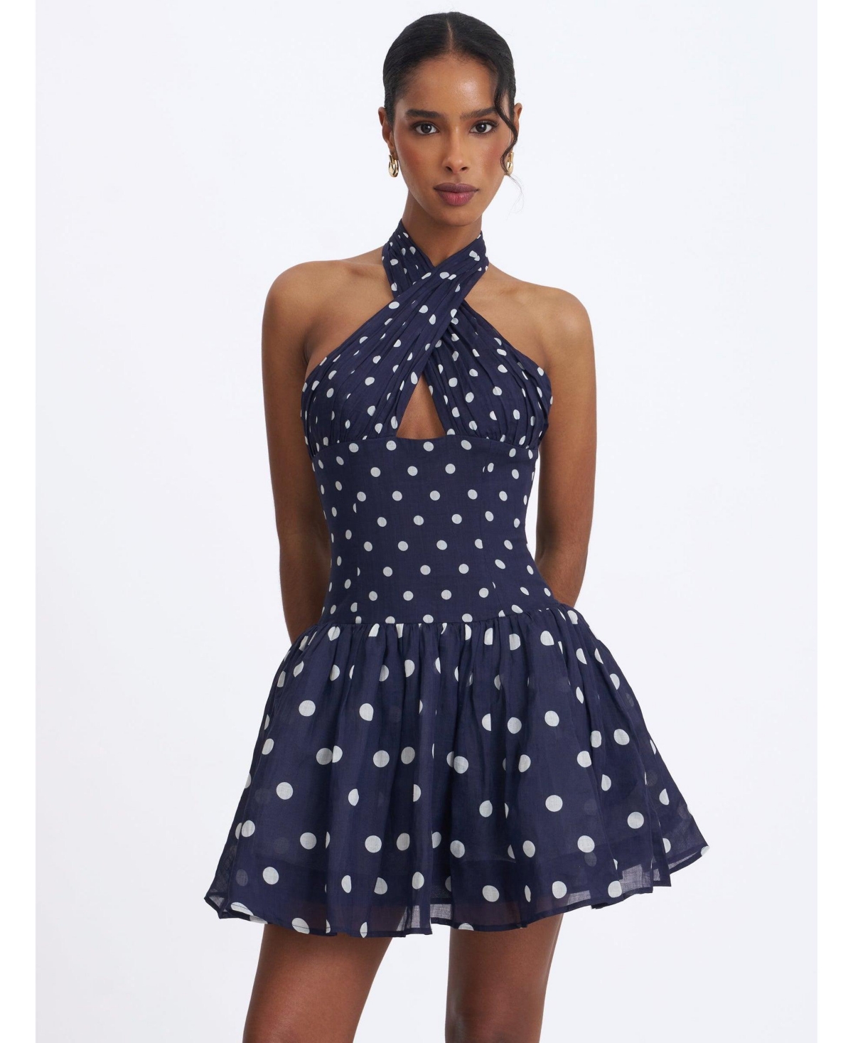 Miss Circle Women’s Yamina Navy Polka Dot Ramie Crossover Halter Gathered Mini Dress – Navy Miss Circle Women’s Yamina Navy Polka Dot Ramie Crossover Halter Gathered Mini Dress – Navy